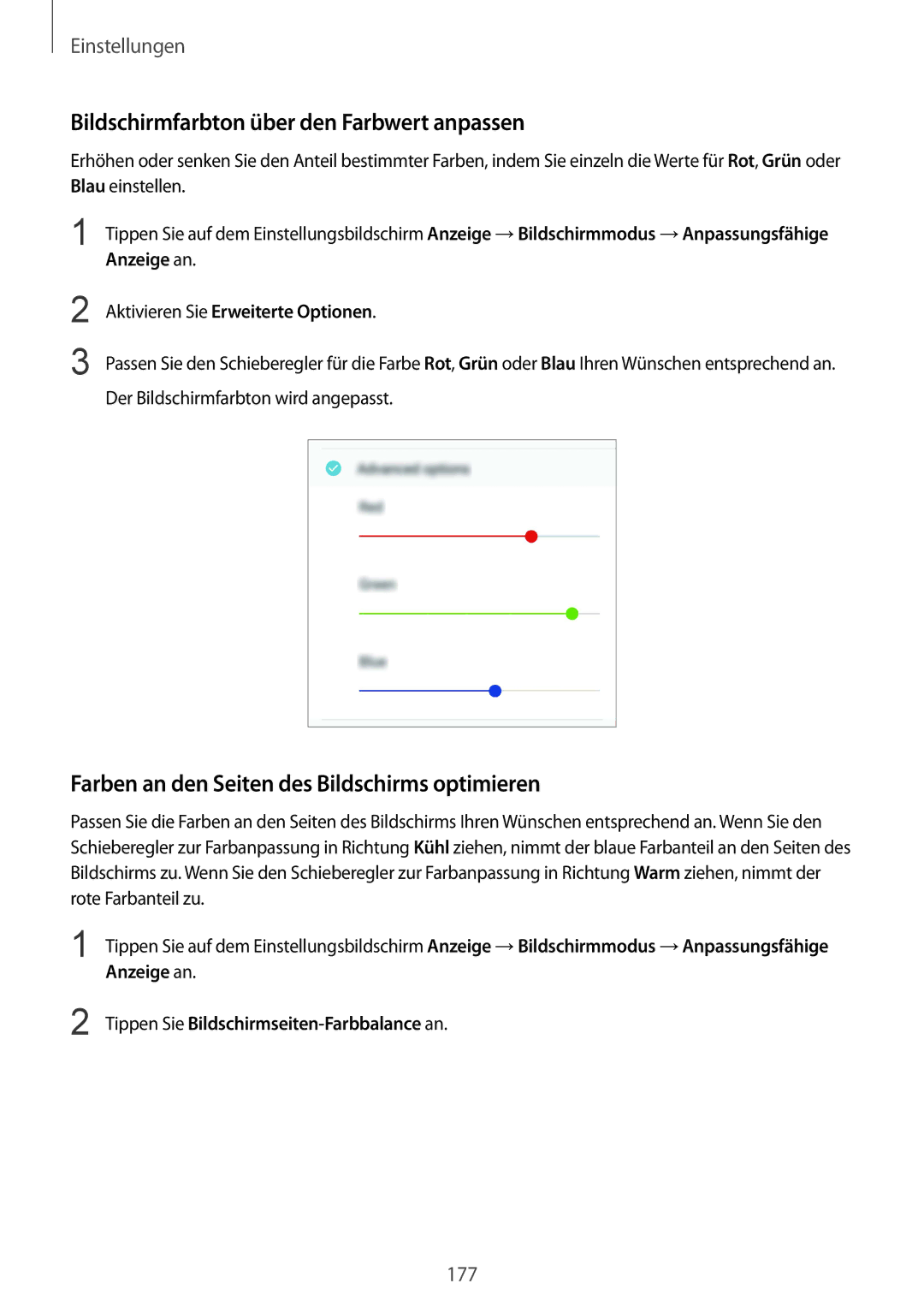 Samsung SM-G955FZSADBT manual Bildschirmfarbton über den Farbwert anpassen, Farben an den Seiten des Bildschirms optimieren 