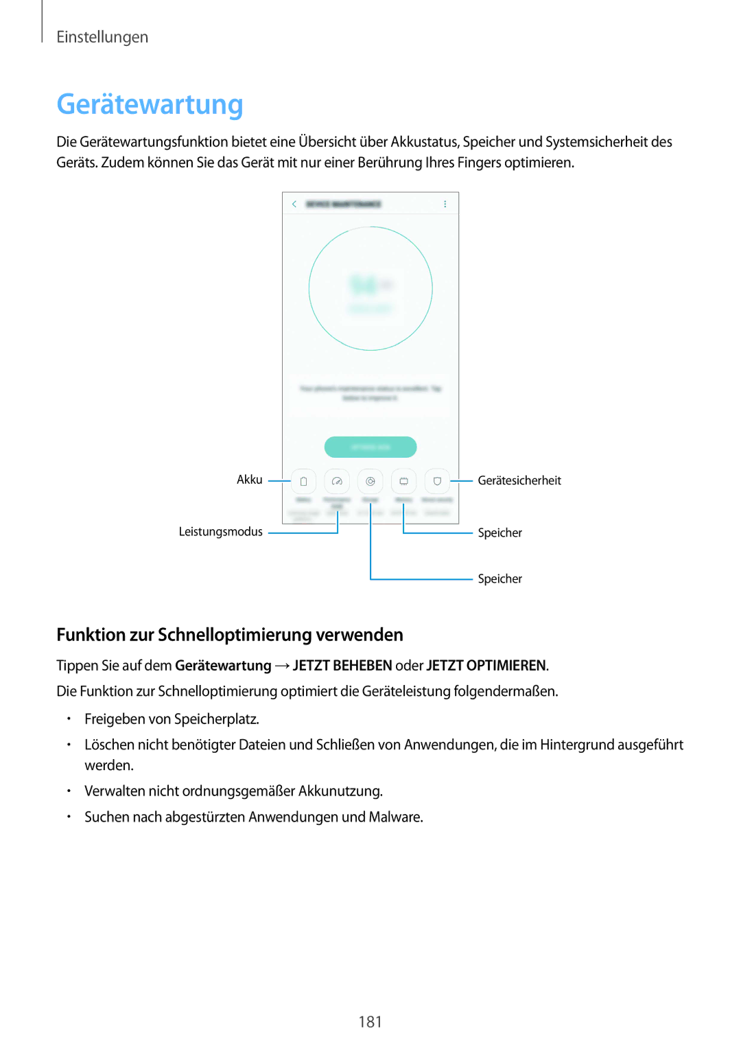 Samsung SM-G950FZVADBT, SM-G950FZIADBT, SM-G955FZSADBT manual Gerätewartung, Funktion zur Schnelloptimierung verwenden 