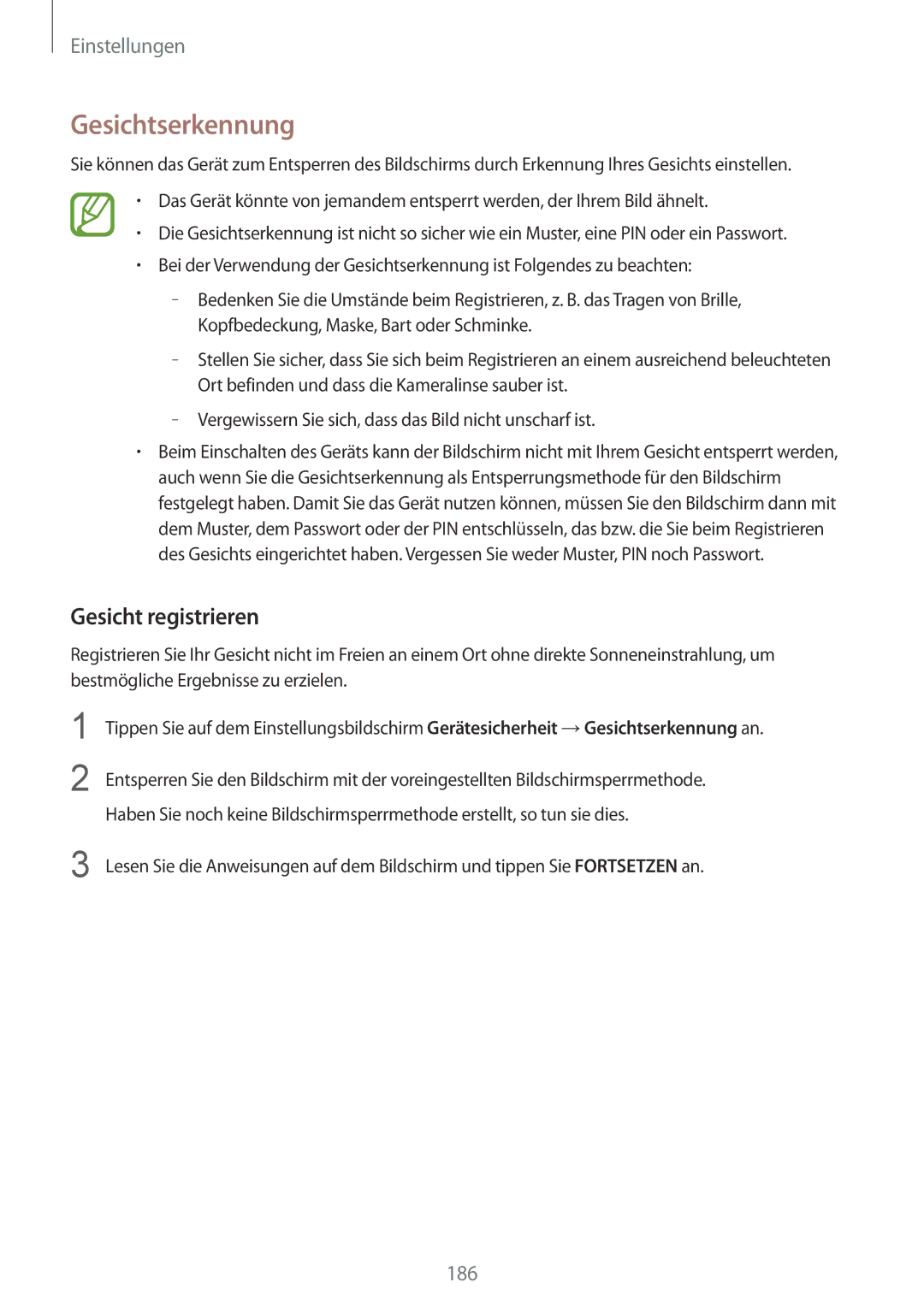 Samsung SM-G950FZSADBT, SM-G950FZIADBT, SM-G955FZSADBT, SM-G955FZKADBT manual Gesichtserkennung, Gesicht registrieren 