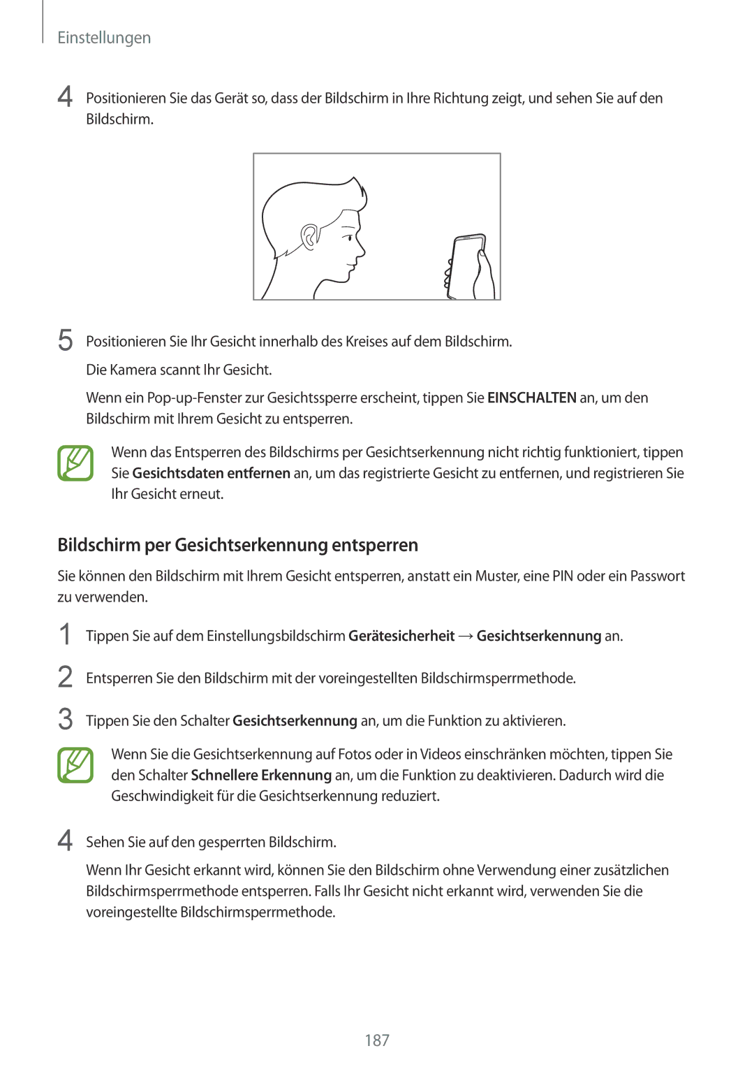 Samsung SM-G950FZIADBT, SM-G955FZSADBT, SM-G955FZKADBT, SM-G955FZVADBT manual Bildschirm per Gesichtserkennung entsperren 