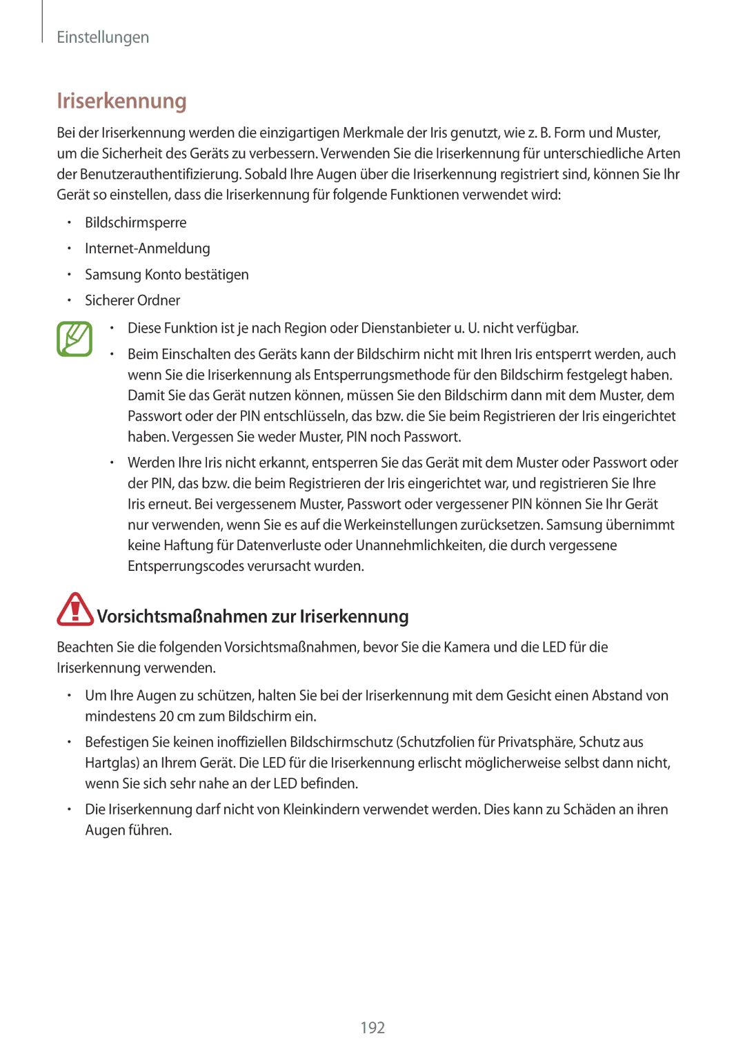 Samsung SM-G950FZVADBT, SM-G950FZIADBT, SM-G955FZSADBT, SM-G955FZKADBT manual Vorsichtsmaßnahmen zur Iriserkennung 