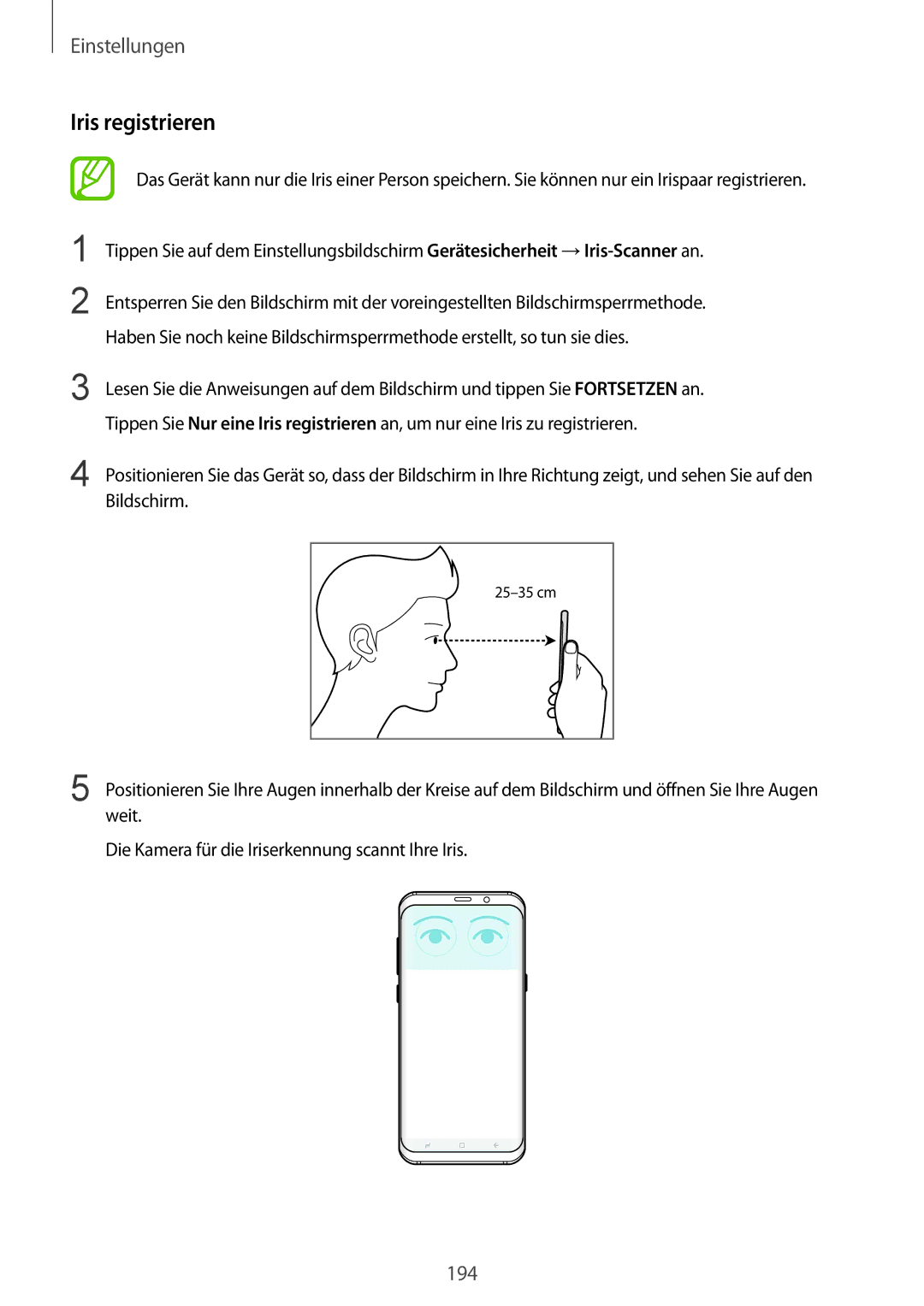 Samsung SM-G955FZVDDBT, SM-G950FZIADBT, SM-G955FZSADBT, SM-G955FZKADBT, SM-G955FZVADBT manual Iris registrieren, Bildschirm 