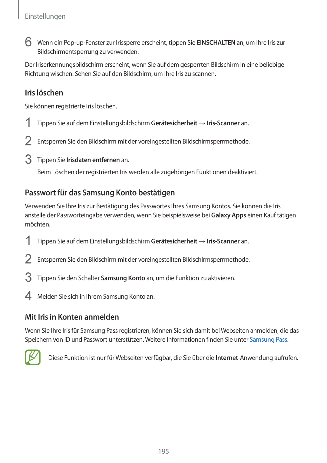 Samsung SM-G955FZBADBT, SM-G950FZIADBT manual Iris löschen, Mit Iris in Konten anmelden, Tippen Sie Irisdaten entfernen an 