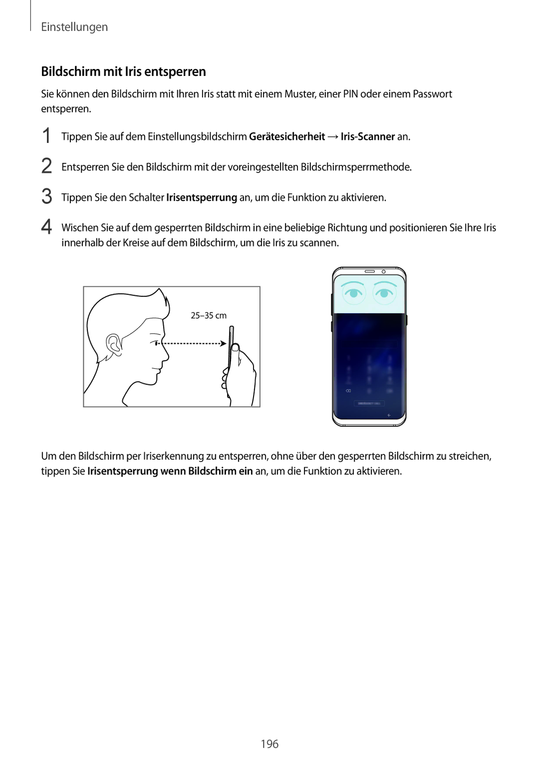 Samsung SM-G950FZKADBT, SM-G950FZIADBT, SM-G955FZSADBT, SM-G955FZKADBT, SM-G955FZVADBT manual Bildschirm mit Iris entsperren 