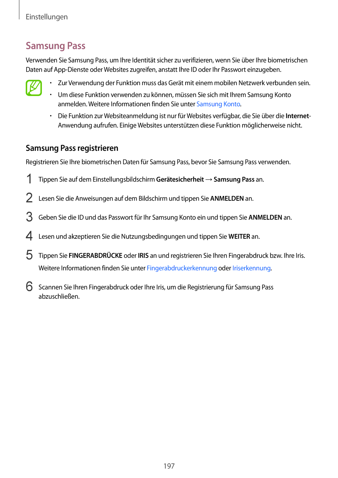 Samsung SM-G950FZSADBT, SM-G950FZIADBT, SM-G955FZSADBT, SM-G955FZKADBT, SM-G955FZVADBT manual Samsung Pass registrieren 