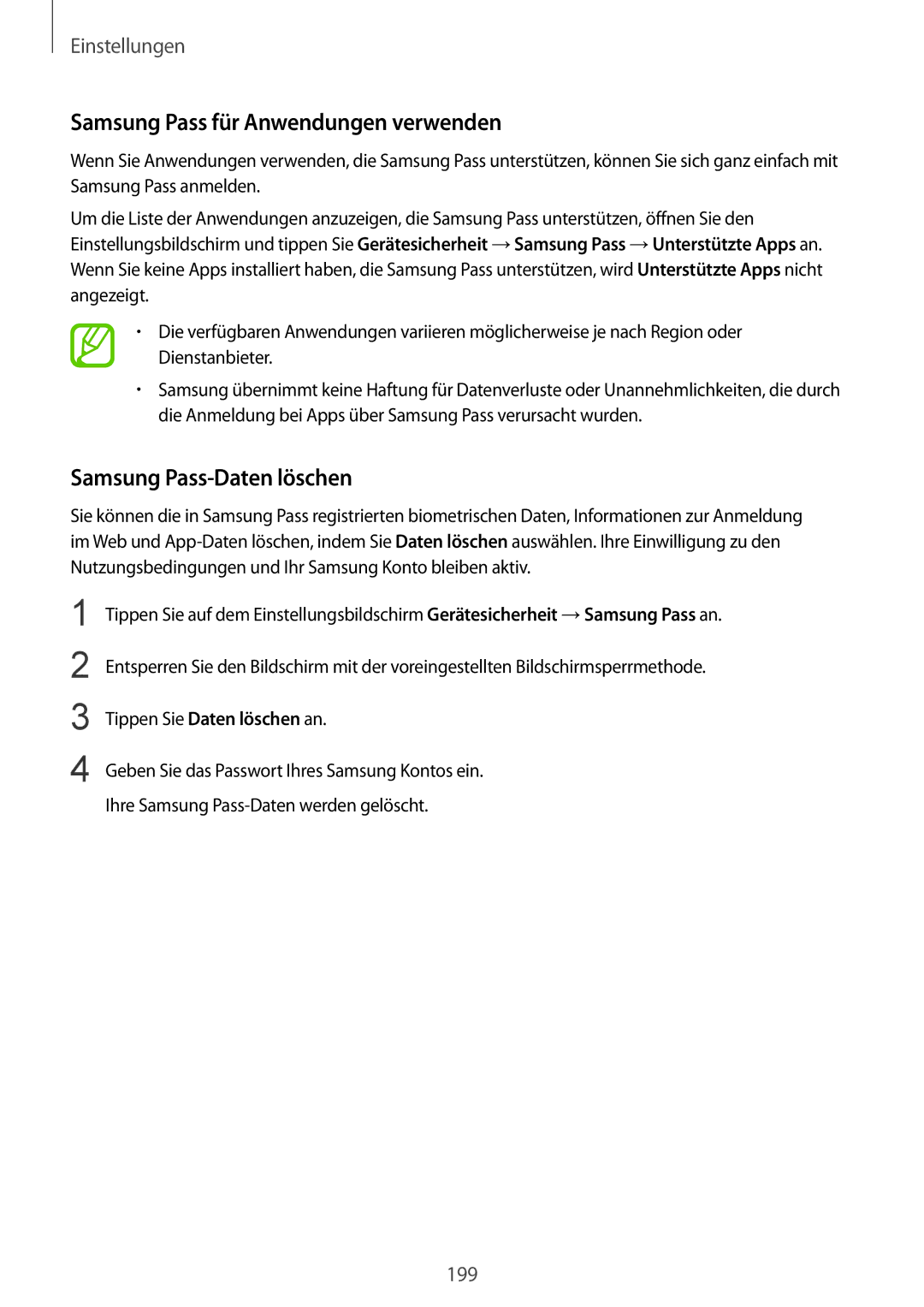 Samsung SM-G955FZSADBT, SM-G950FZIADBT, SM-G955FZKADBT Samsung Pass für Anwendungen verwenden, Samsung Pass-Daten löschen 