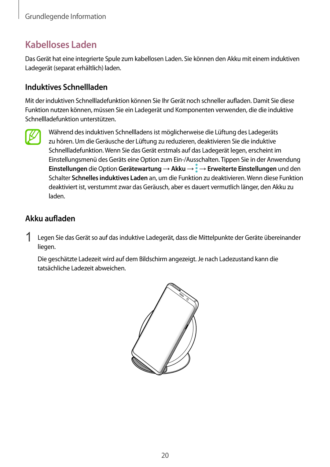 Samsung SM-G950FZKADBT, SM-G950FZIADBT, SM-G955FZSADBT manual Kabelloses Laden, Induktives Schnellladen, Akku aufladen 