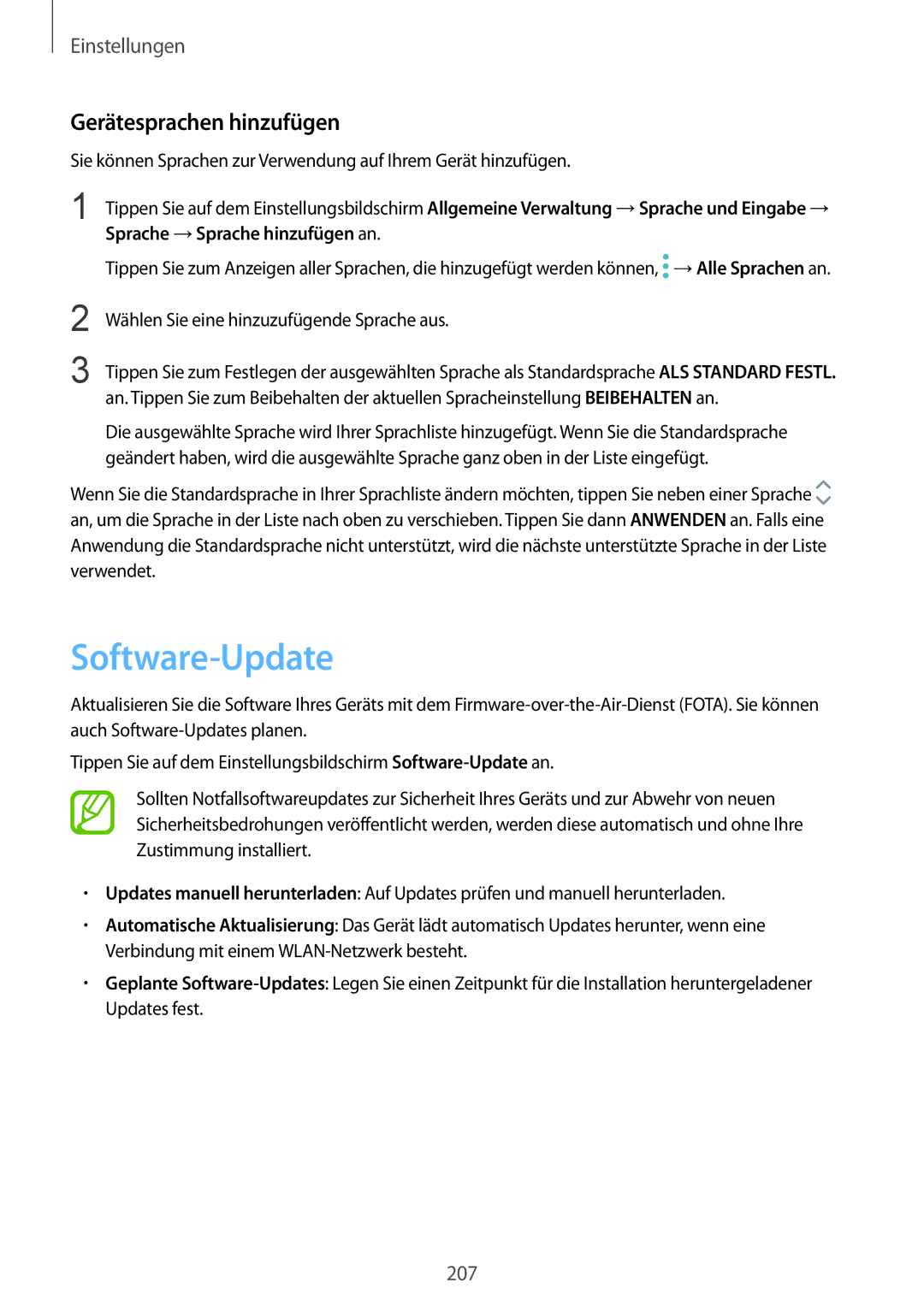 Samsung SM-G950FZKADBT, SM-G950FZIADBT, SM-G955FZSADBT, SM-G955FZKADBT manual Software-Update, Gerätesprachen hinzufügen 