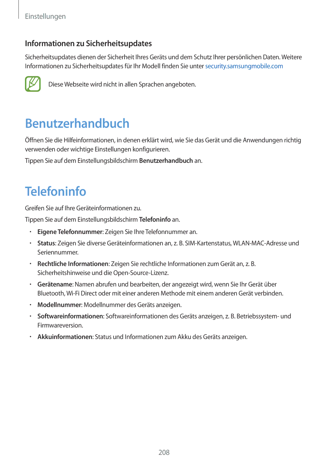 Samsung SM-G950FZSADBT, SM-G950FZIADBT, SM-G955FZSADBT Benutzerhandbuch, Telefoninfo, Informationen zu Sicherheitsupdates 