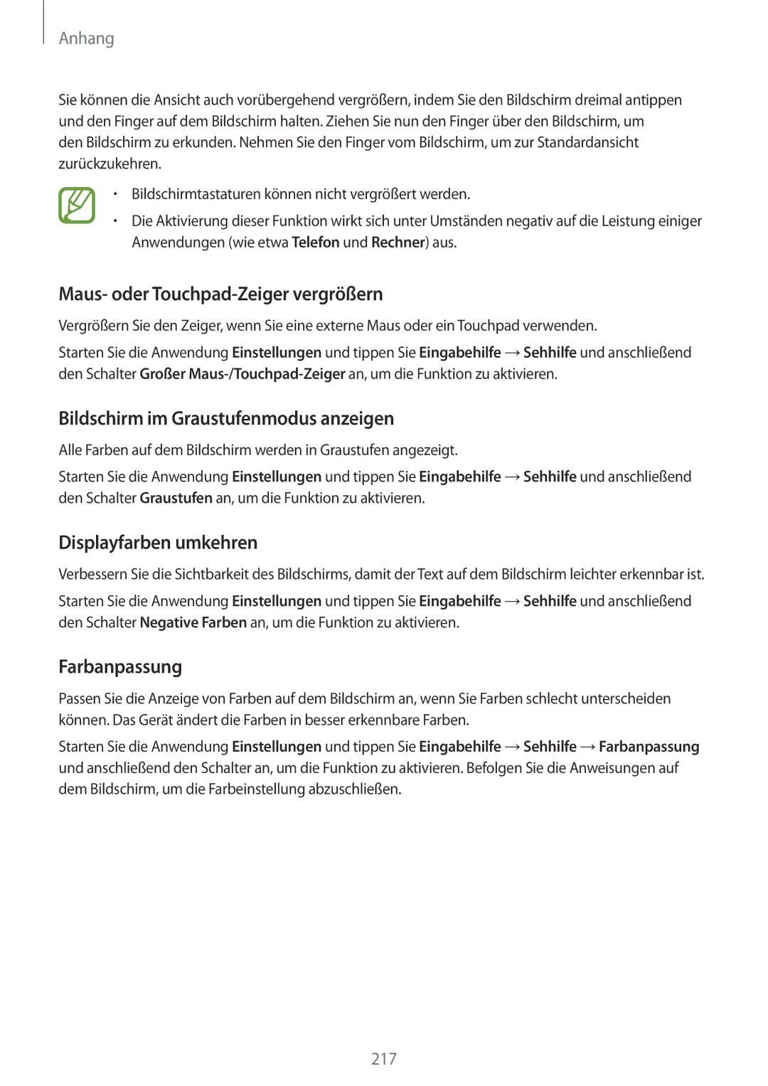 Samsung SM-G955FZBADBT manual Maus- oder Touchpad-Zeiger vergrößern, Bildschirm im Graustufenmodus anzeigen, Farbanpassung 