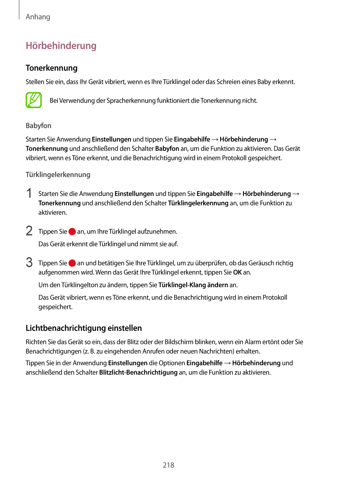 Samsung SM-G950FZKADBT manual Hörbehinderung, Tonerkennung, Lichtbenachrichtigung einstellen, Babyfon, Türklingelerkennung 