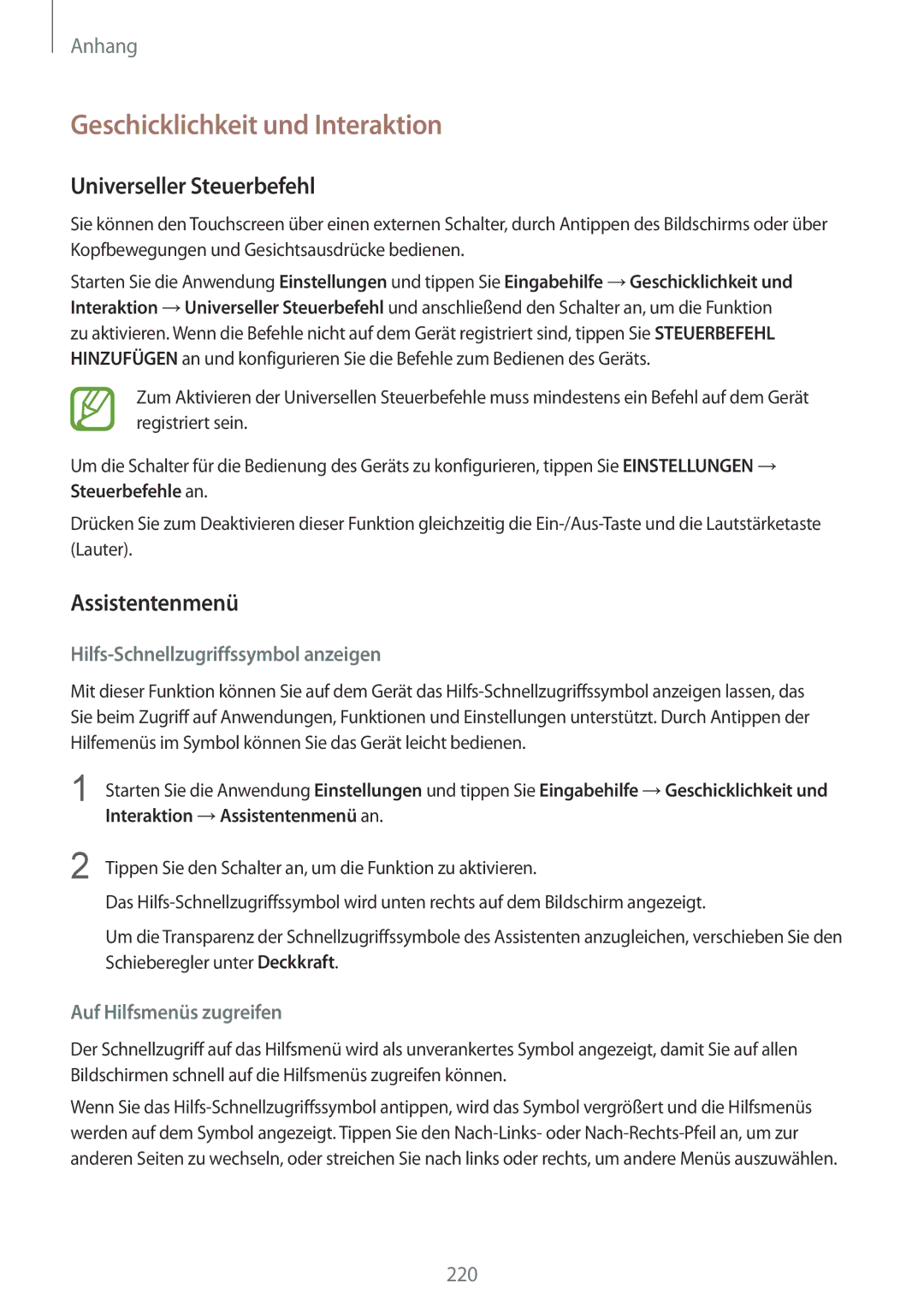 Samsung SM-G950FZIADBT, SM-G955FZSADBT manual Geschicklichkeit und Interaktion, Universeller Steuerbefehl, Assistentenmenü 