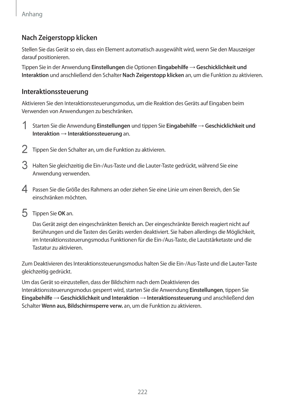 Samsung SM-G955FZKADBT manual Nach Zeigerstopp klicken, Interaktionssteuerung, Einschränken möchten, Tastatur zu aktivieren 