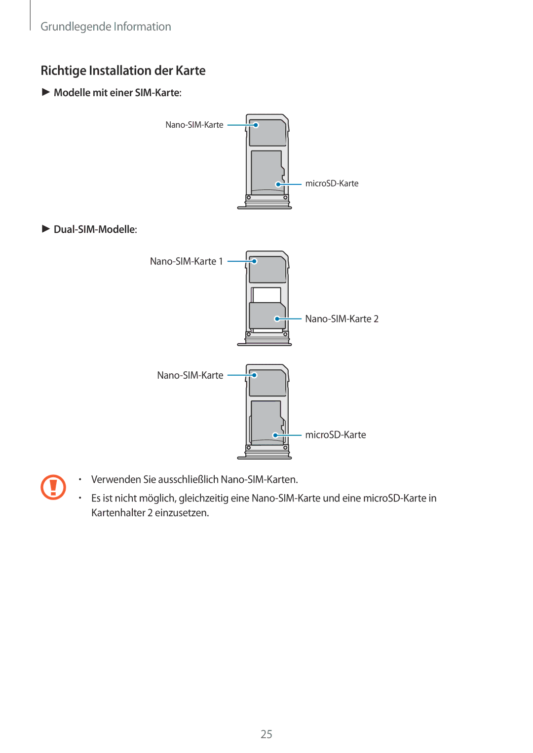 Samsung SM-G955FZVADBT, SM-G950FZIADBT, SM-G955FZSADBT manual Richtige Installation der Karte, Modelle mit einer SIM-Karte 