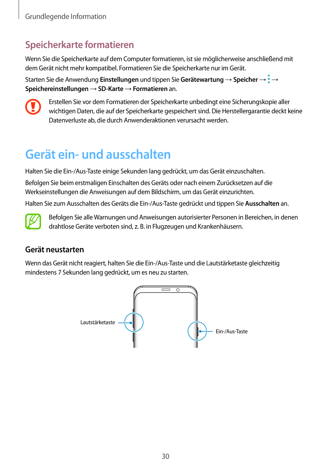 Samsung SM-G955FZBADBT, SM-G950FZIADBT manual Gerät ein- und ausschalten, Speicherkarte formatieren, Gerät neustarten 