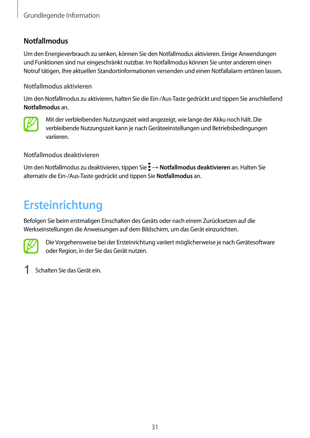 Samsung SM-G950FZKADBT, SM-G950FZIADBT manual Ersteinrichtung, Notfallmodus aktivieren, Notfallmodus deaktivieren 