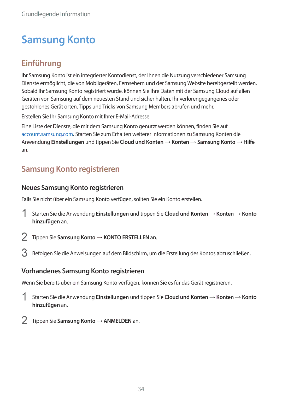 Samsung SM-G955FZSADBT manual Einführung, Neues Samsung Konto registrieren, Vorhandenes Samsung Konto registrieren 