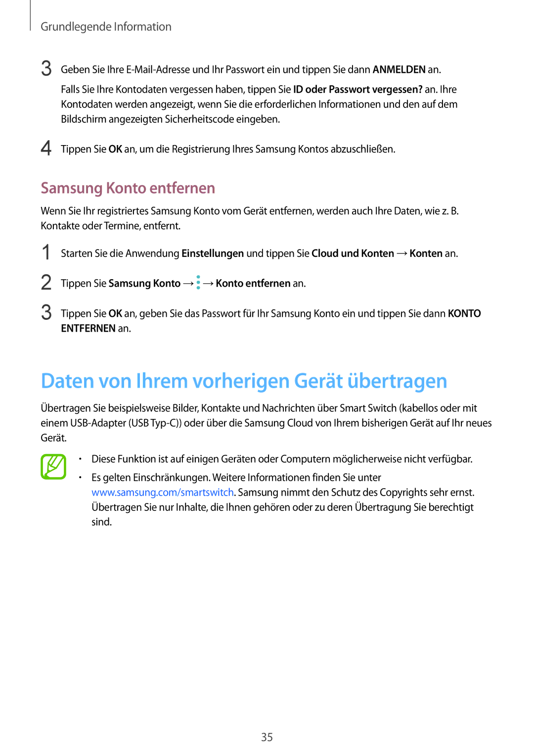 Samsung SM-G955FZKADBT, SM-G950FZIADBT, SM-G955FZSADBT Daten von Ihrem vorherigen Gerät übertragen, Samsung Konto entfernen 