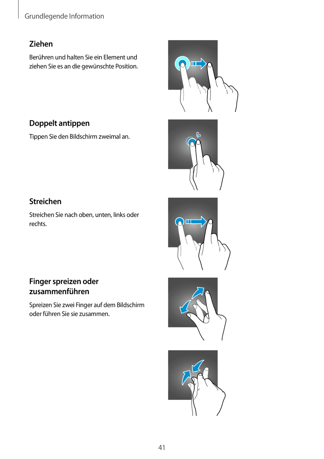 Samsung SM-G955FZBADBT, SM-G950FZIADBT manual Ziehen, Doppelt antippen, Streichen, Finger spreizen oder zusammenführen 