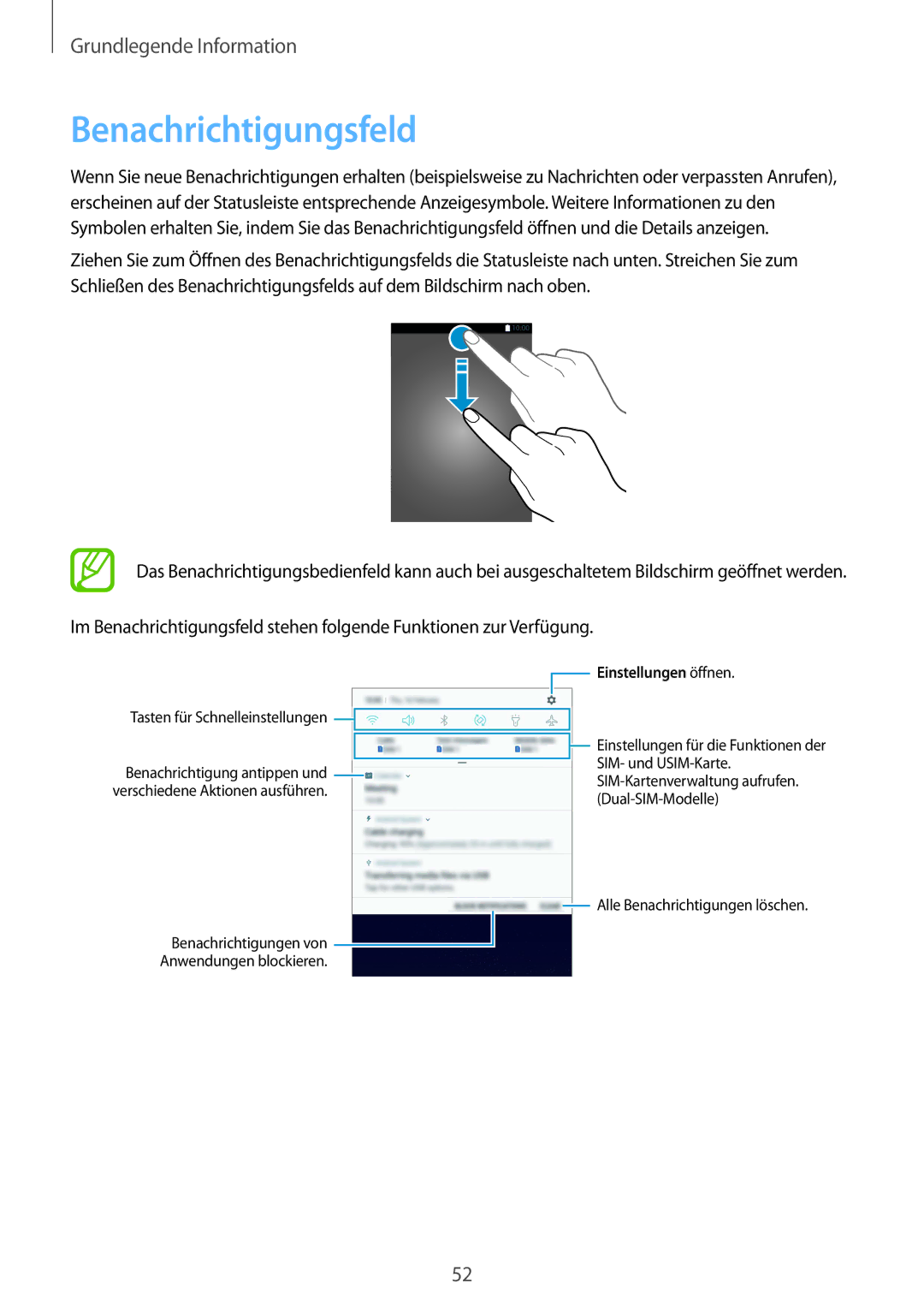 Samsung SM-G955FZBADBT, SM-G950FZIADBT, SM-G955FZSADBT, SM-G955FZKADBT manual Benachrichtigungsfeld, Einstellungen öffnen 