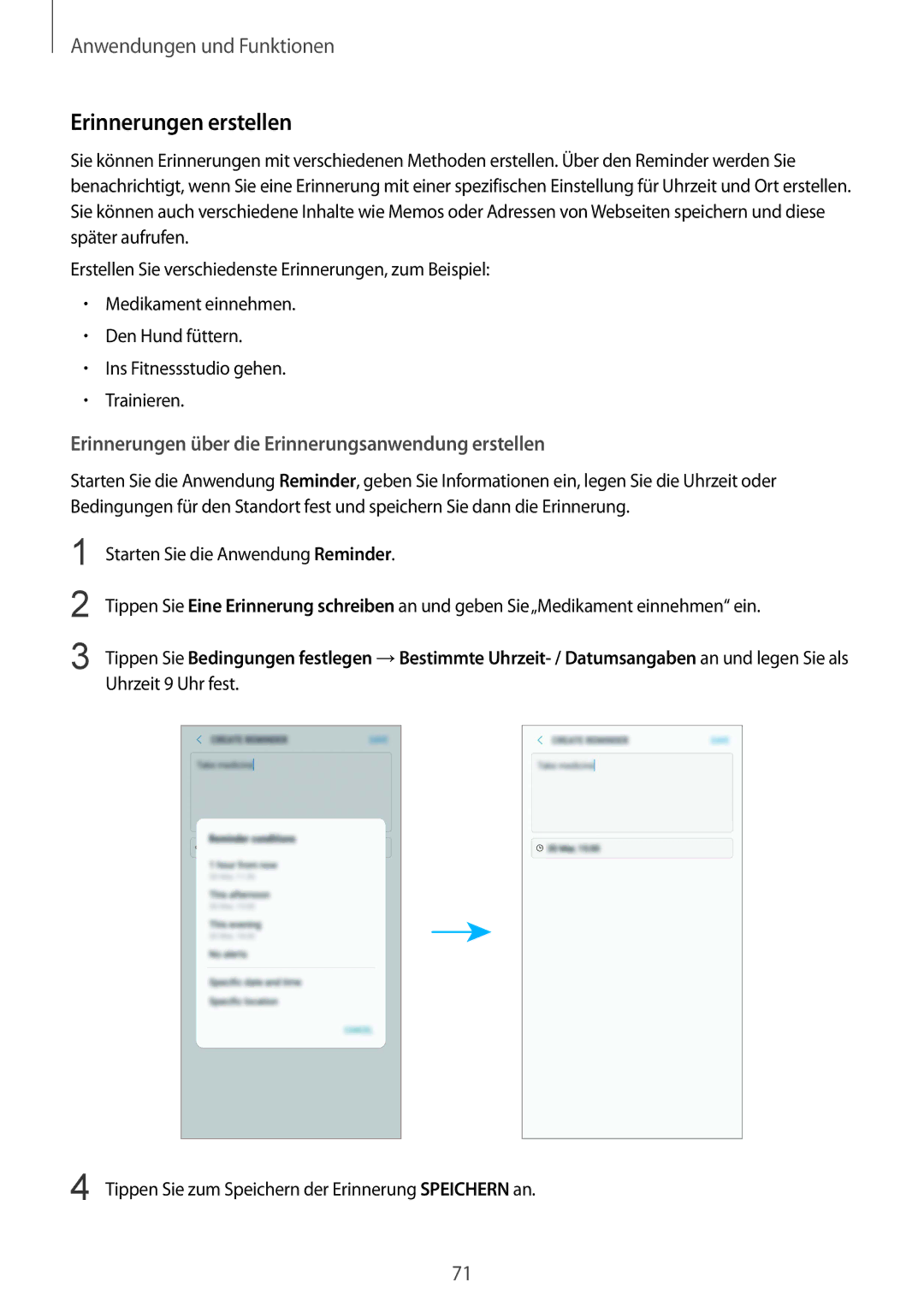 Samsung SM-G950FZVADBT, SM-G950FZIADBT manual Erinnerungen erstellen, Erinnerungen über die Erinnerungsanwendung erstellen 