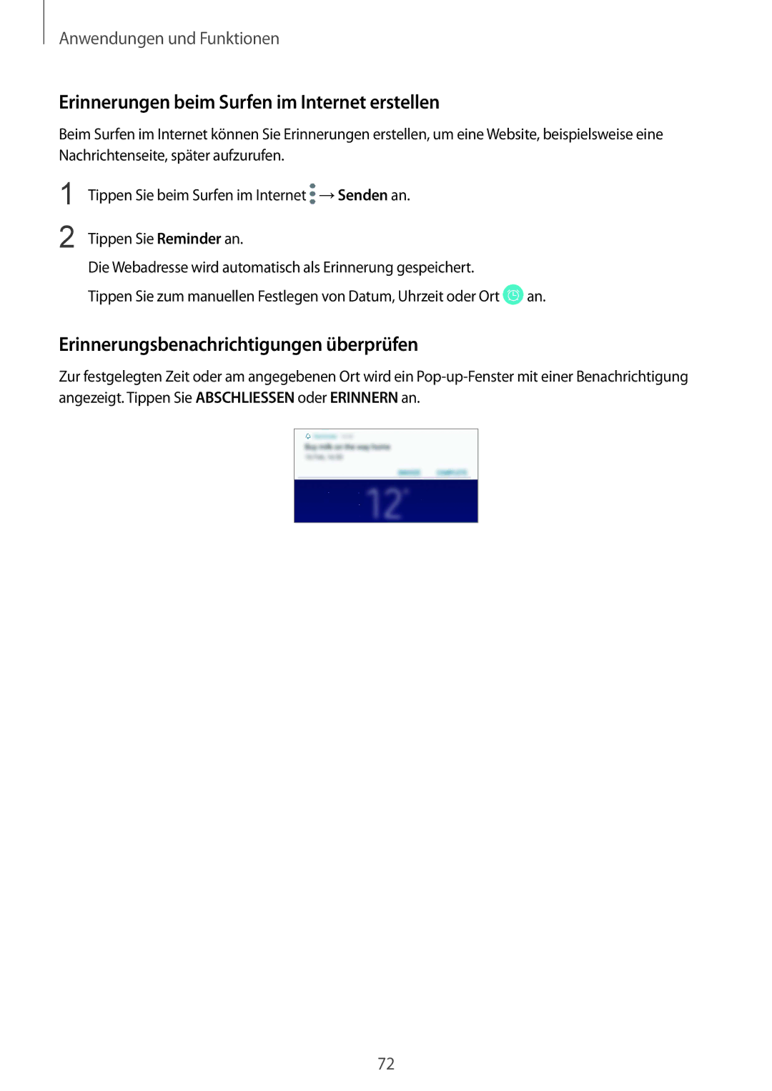 Samsung SM-G950FZBADBT manual Erinnerungen beim Surfen im Internet erstellen, Erinnerungsbenachrichtigungen überprüfen 