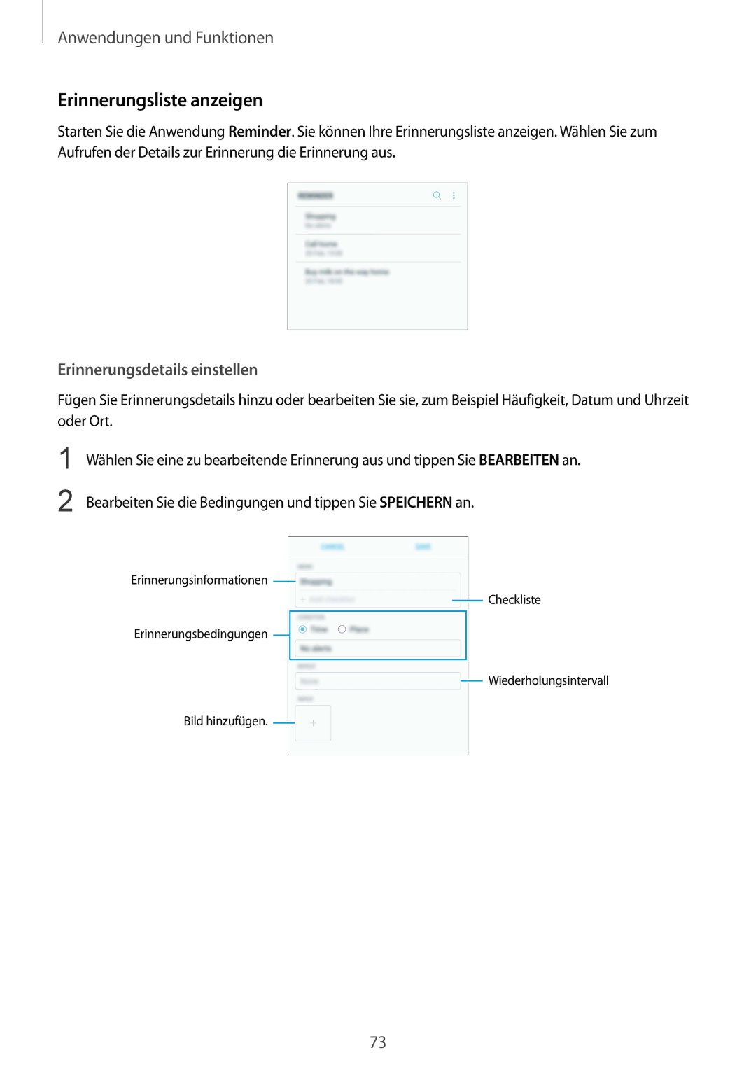 Samsung SM-G955FZVDDBT, SM-G950FZIADBT, SM-G955FZSADBT manual Erinnerungsliste anzeigen, Erinnerungsdetails einstellen 