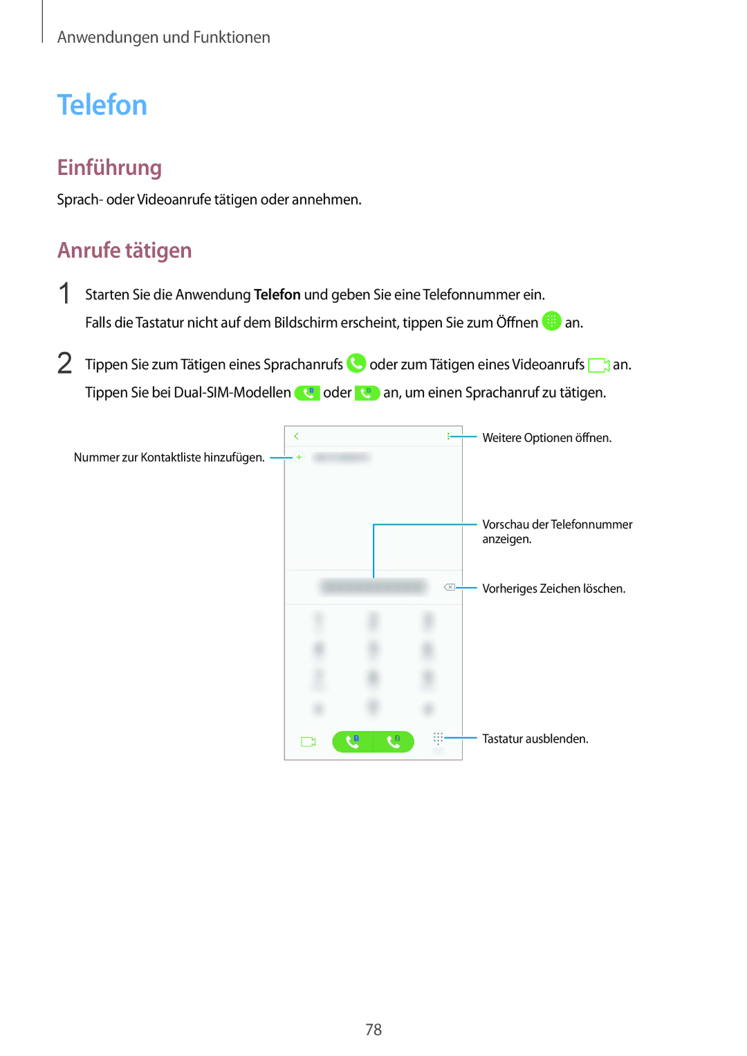 Samsung SM-G955FZSADBT, SM-G950FZIADBT manual Telefon, Anrufe tätigen, Sprach- oder Videoanrufe tätigen oder annehmen 