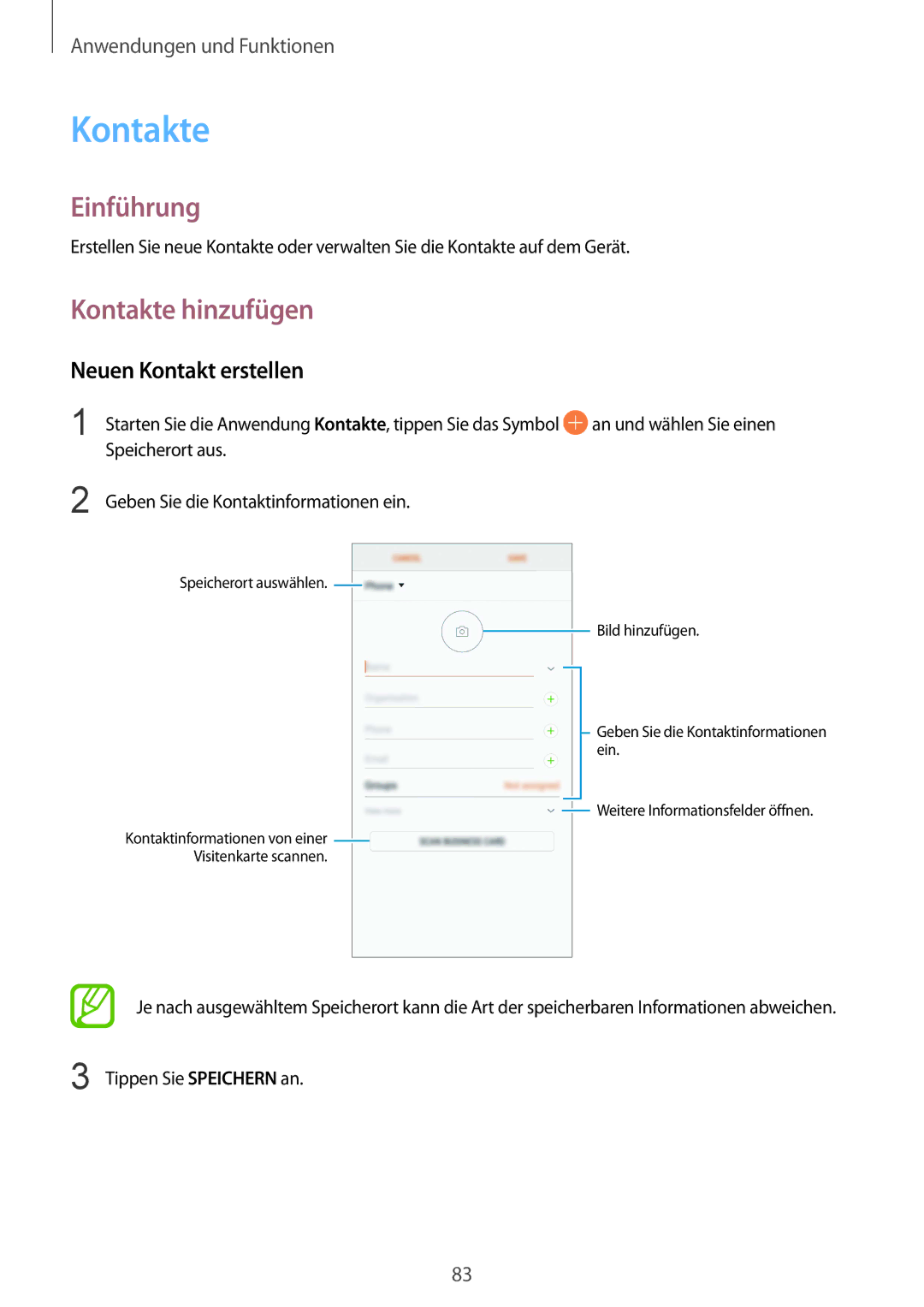 Samsung SM-G950FZBADBT, SM-G950FZIADBT manual Kontakte hinzufügen, Neuen Kontakt erstellen, Tippen Sie Speichern an 