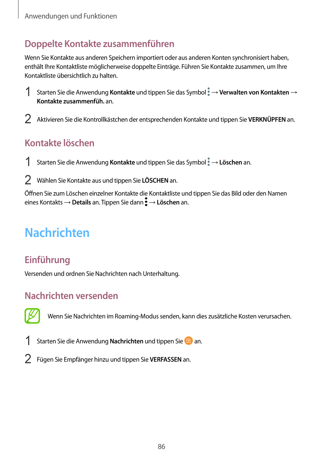 Samsung SM-G950FZKADBT, SM-G950FZIADBT manual Doppelte Kontakte zusammenführen, Kontakte löschen, Nachrichten versenden 