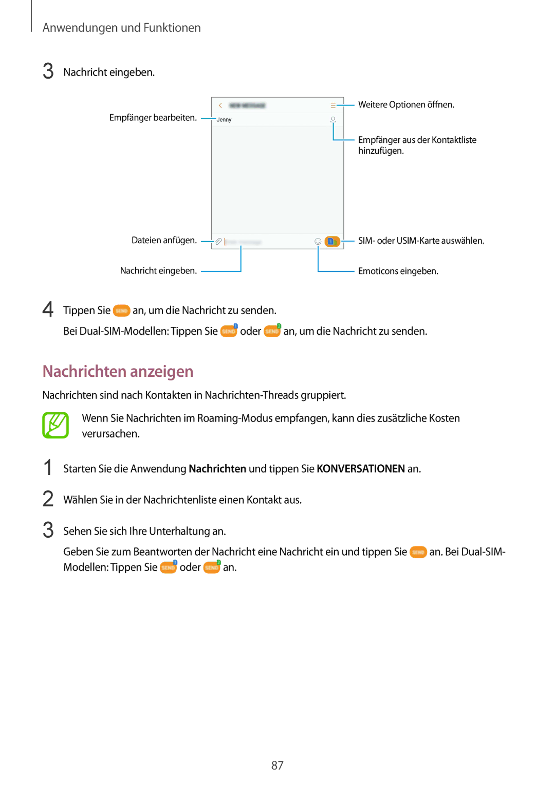 Samsung SM-G950FZSADBT manual Nachrichten anzeigen, Nachricht eingeben, Tippen Sie, Oder An, um die Nachricht zu senden 