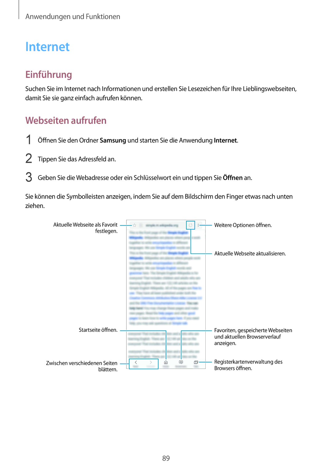 Samsung SM-G955FZSADBT, SM-G950FZIADBT, SM-G955FZKADBT, SM-G955FZVADBT, SM-G955FZKDDBT manual Internet, Webseiten aufrufen 