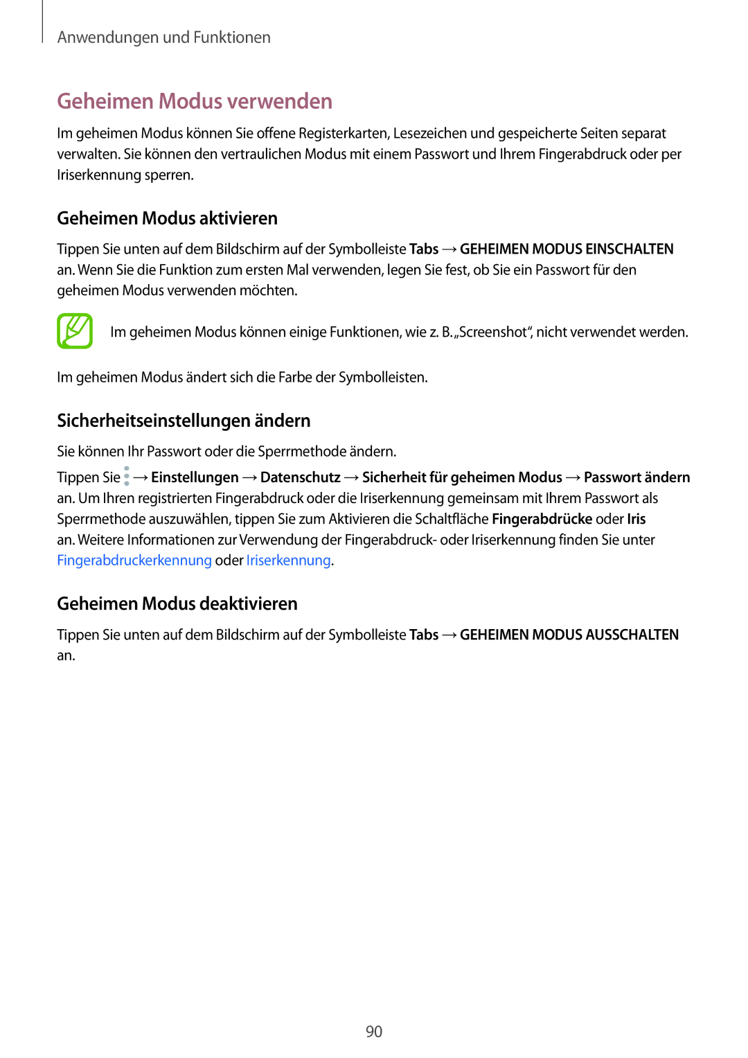 Samsung SM-G955FZKADBT manual Geheimen Modus verwenden, Geheimen Modus aktivieren, Sicherheitseinstellungen ändern 