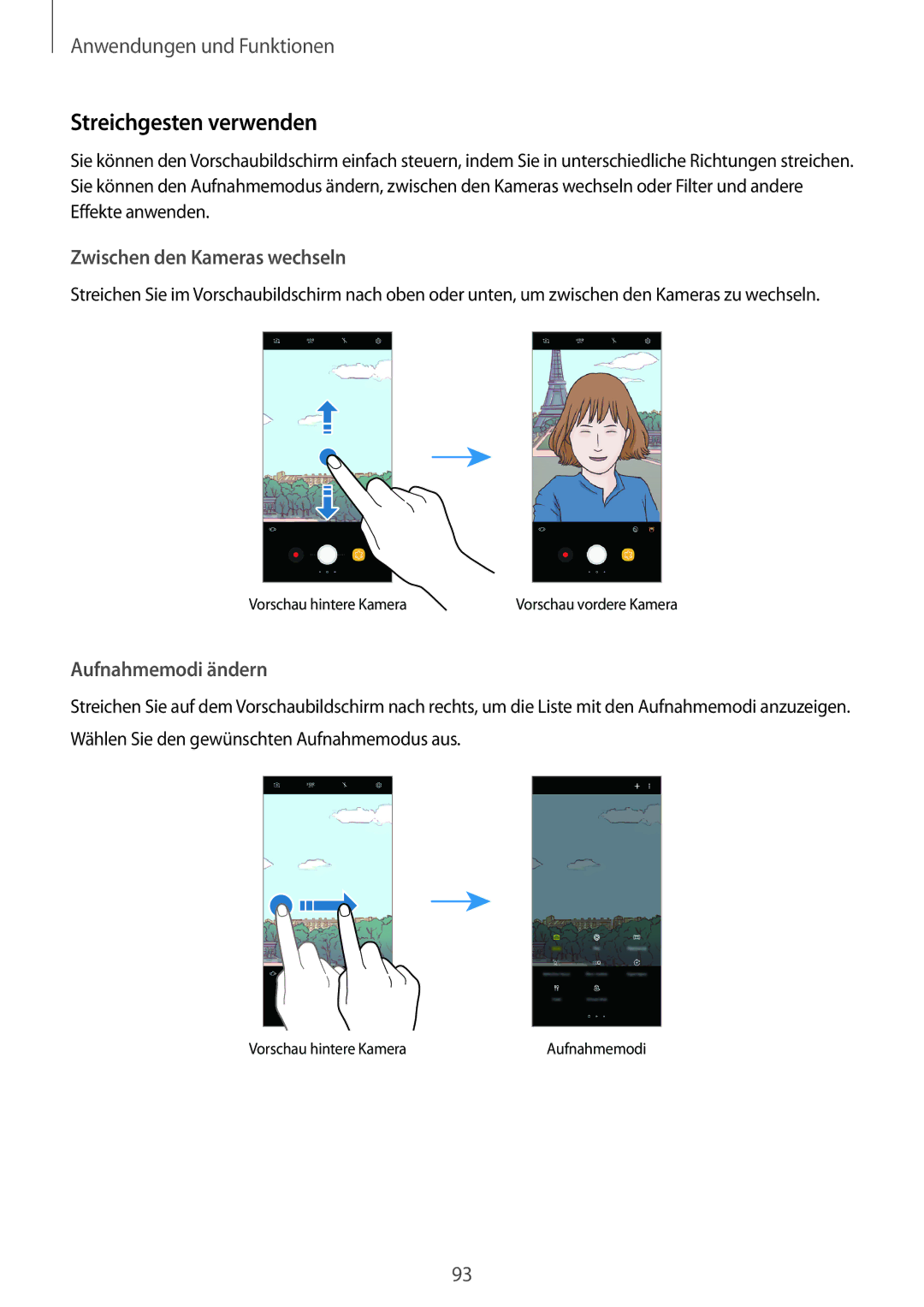 Samsung SM-G950FZVADBT, SM-G950FZIADBT manual Streichgesten verwenden, Zwischen den Kameras wechseln, Aufnahmemodi ändern 