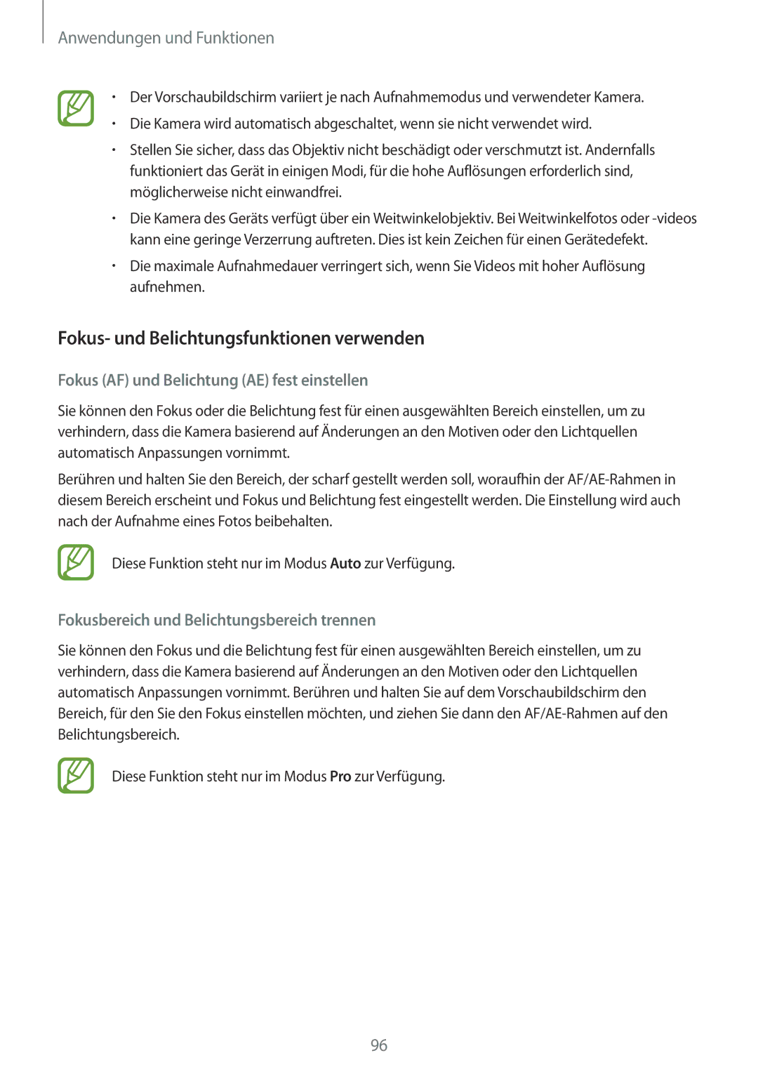 Samsung SM-G955FZBADBT manual Fokus- und Belichtungsfunktionen verwenden, Fokus AF und Belichtung AE fest einstellen 