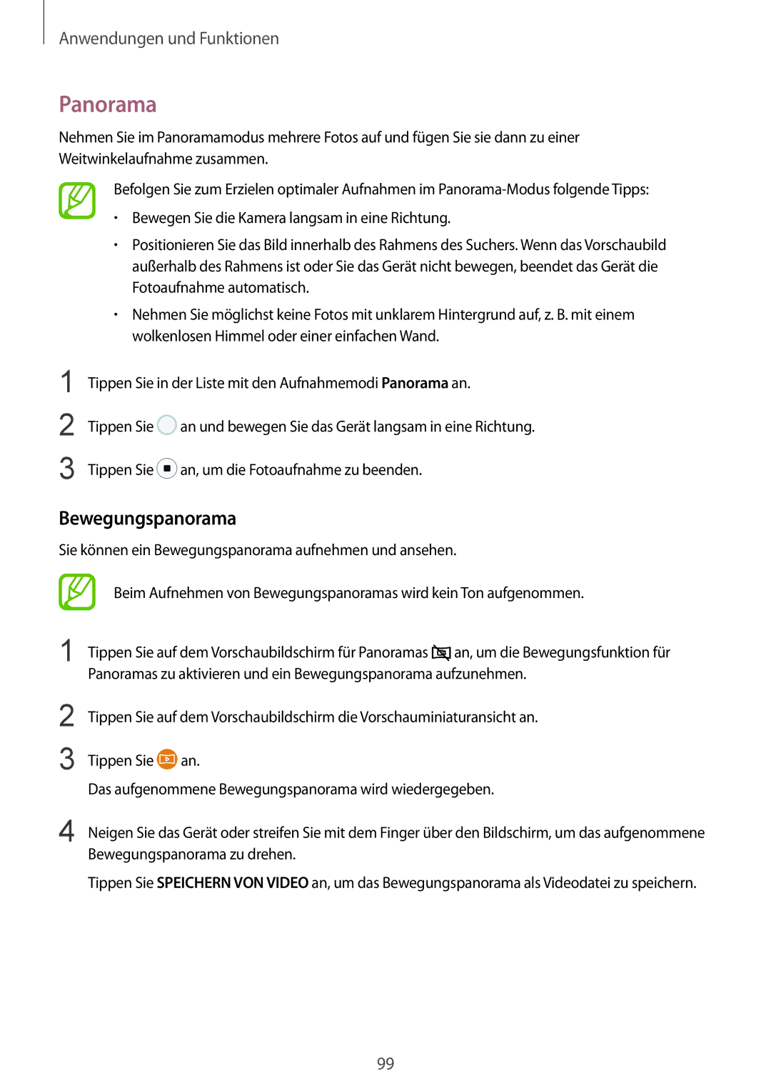 Samsung SM-G950FZIADBT, SM-G955FZSADBT, SM-G955FZKADBT, SM-G955FZVADBT, SM-G955FZKDDBT manual Panorama, Bewegungspanorama 