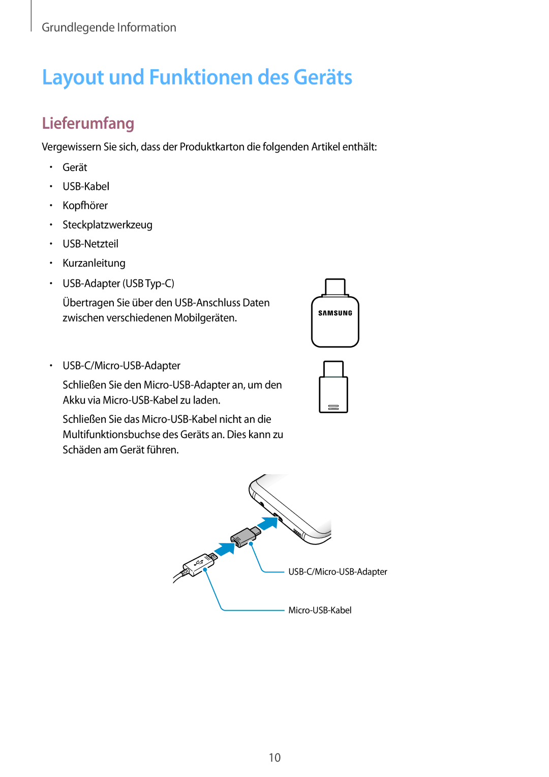 Samsung SM-G955FZSADBT, SM-G950FZIADBT manual Layout und Funktionen des Geräts, Lieferumfang, USB-C/Micro-USB-Adapter 