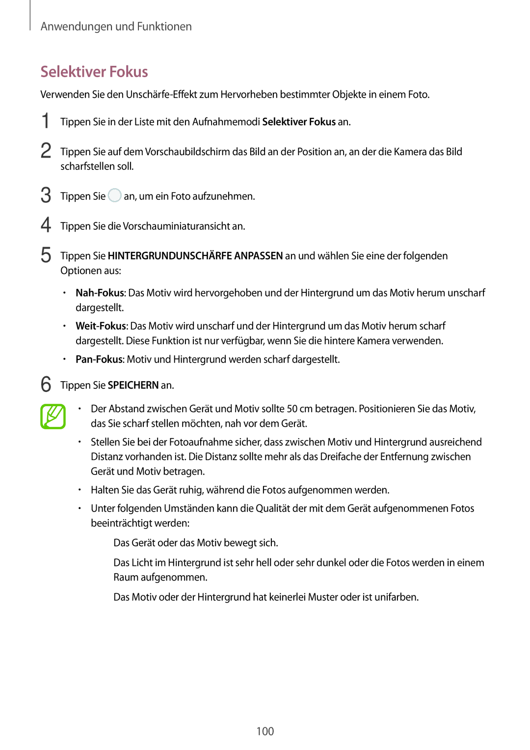 Samsung SM-G955FZSADBT, SM-G950FZIADBT, SM-G955FZKADBT, SM-G955FZVADBT, SM-G950FZVADBT, SM-G950FZBADBT manual Selektiver Fokus 