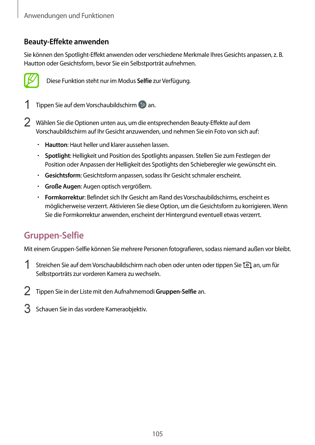 Samsung SM-G955FZBADBT manual Gruppen-Selfie, Beauty-Effekte anwenden, Hautton Haut heller und klarer aussehen lassen 