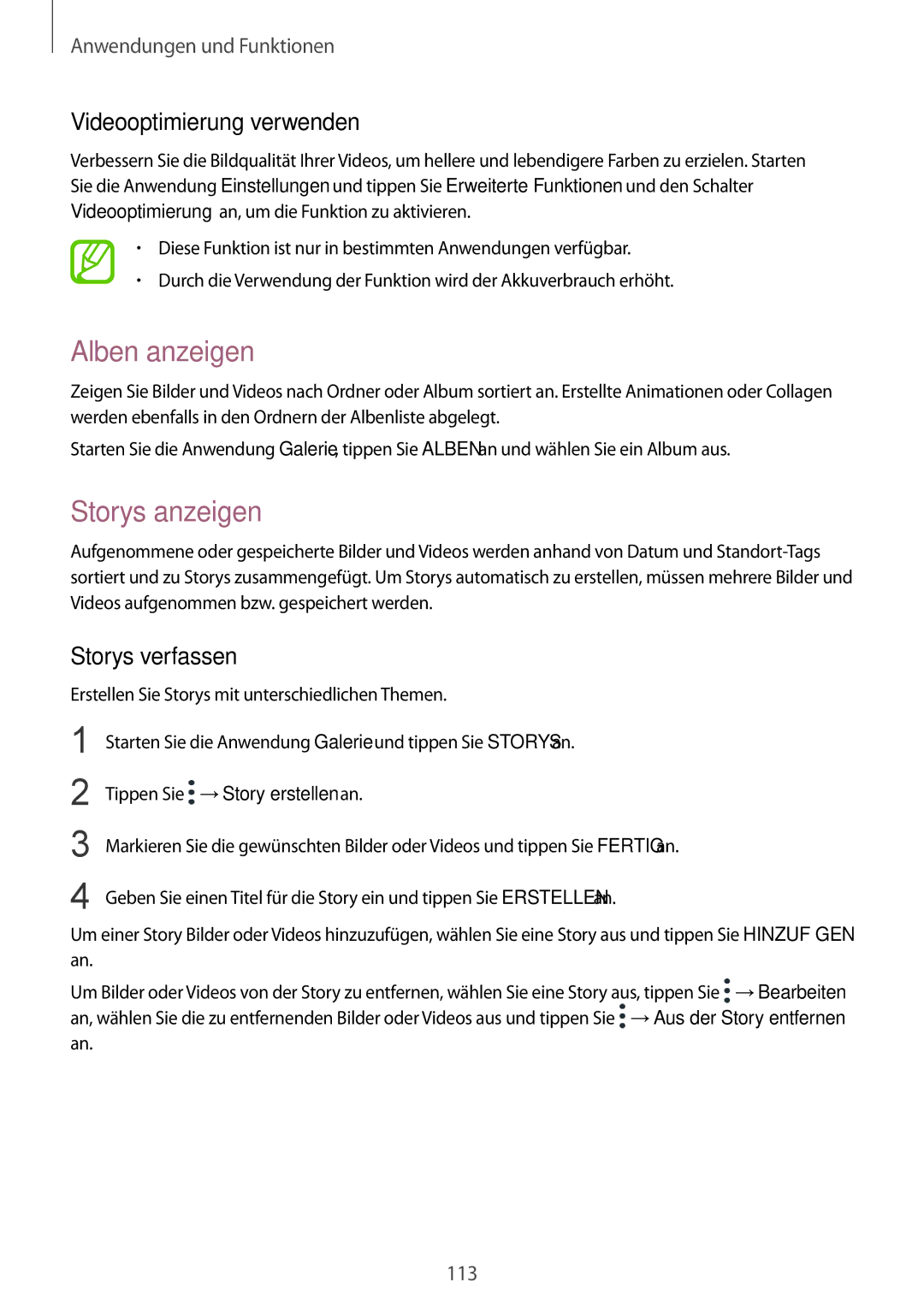 Samsung SM-G950FZBADBT, SM-G950FZIADBT manual Alben anzeigen, Storys anzeigen, Videooptimierung verwenden, Storys verfassen 