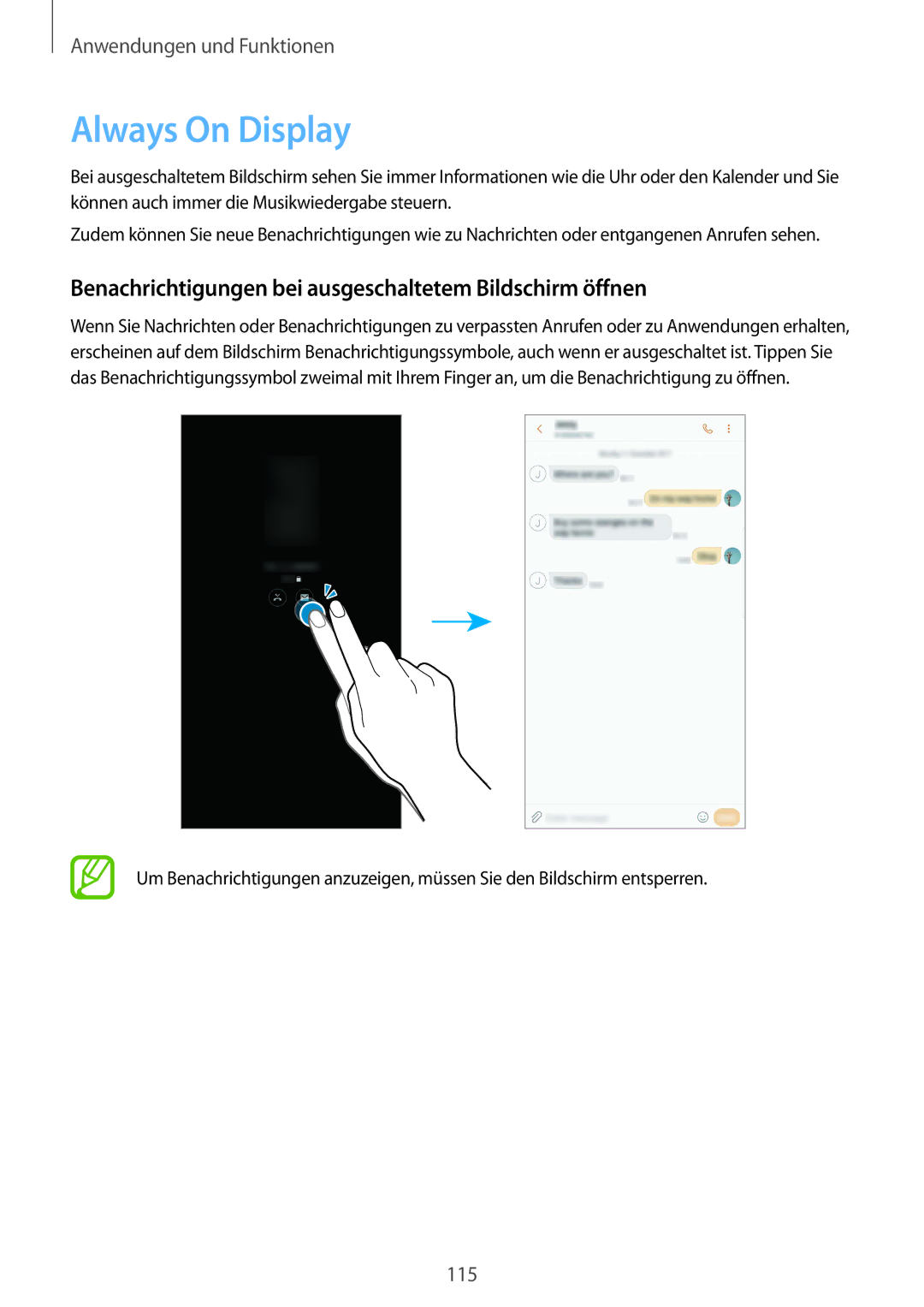 Samsung SM-G950FZKADBT, SM-G950FZIADBT manual Always On Display, Benachrichtigungen bei ausgeschaltetem Bildschirm öffnen 