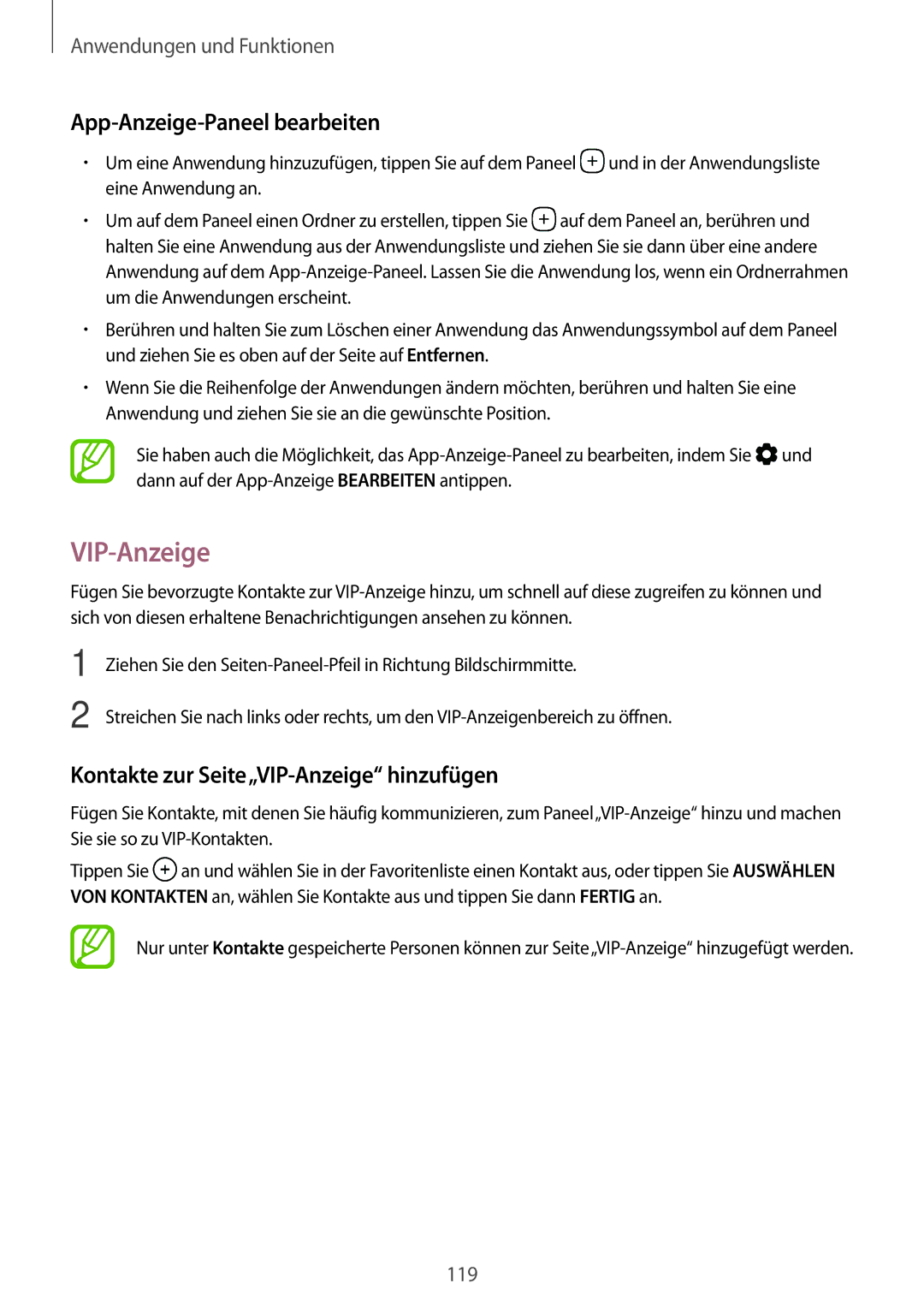 Samsung SM-G955FZKADBT, SM-G950FZIADBT manual App-Anzeige-Paneel bearbeiten, Kontakte zur Seite„VIP-Anzeige hinzufügen 