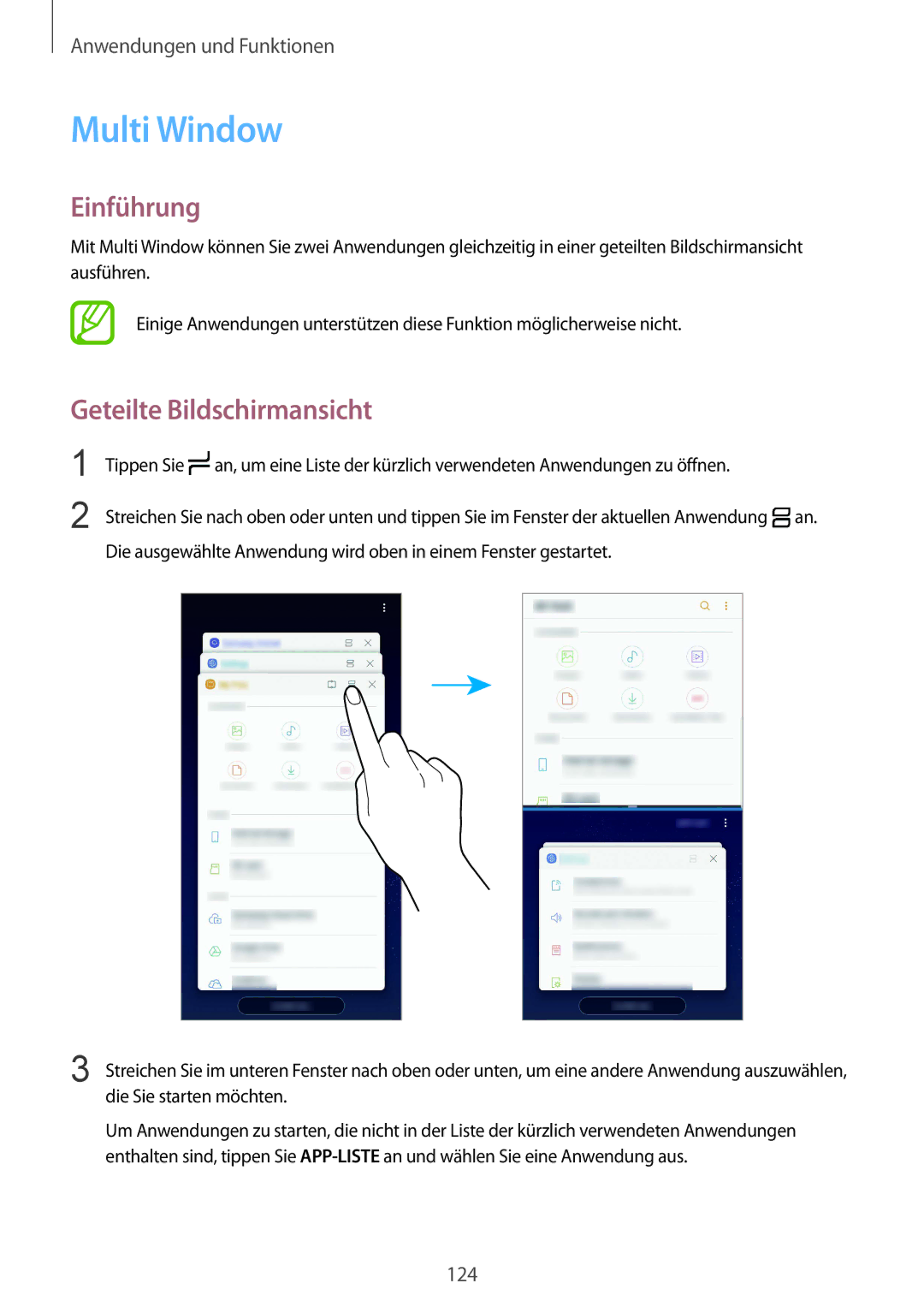 Samsung SM-G950FZKADBT, SM-G950FZIADBT, SM-G955FZSADBT, SM-G955FZKADBT manual Multi Window, Geteilte Bildschirmansicht 