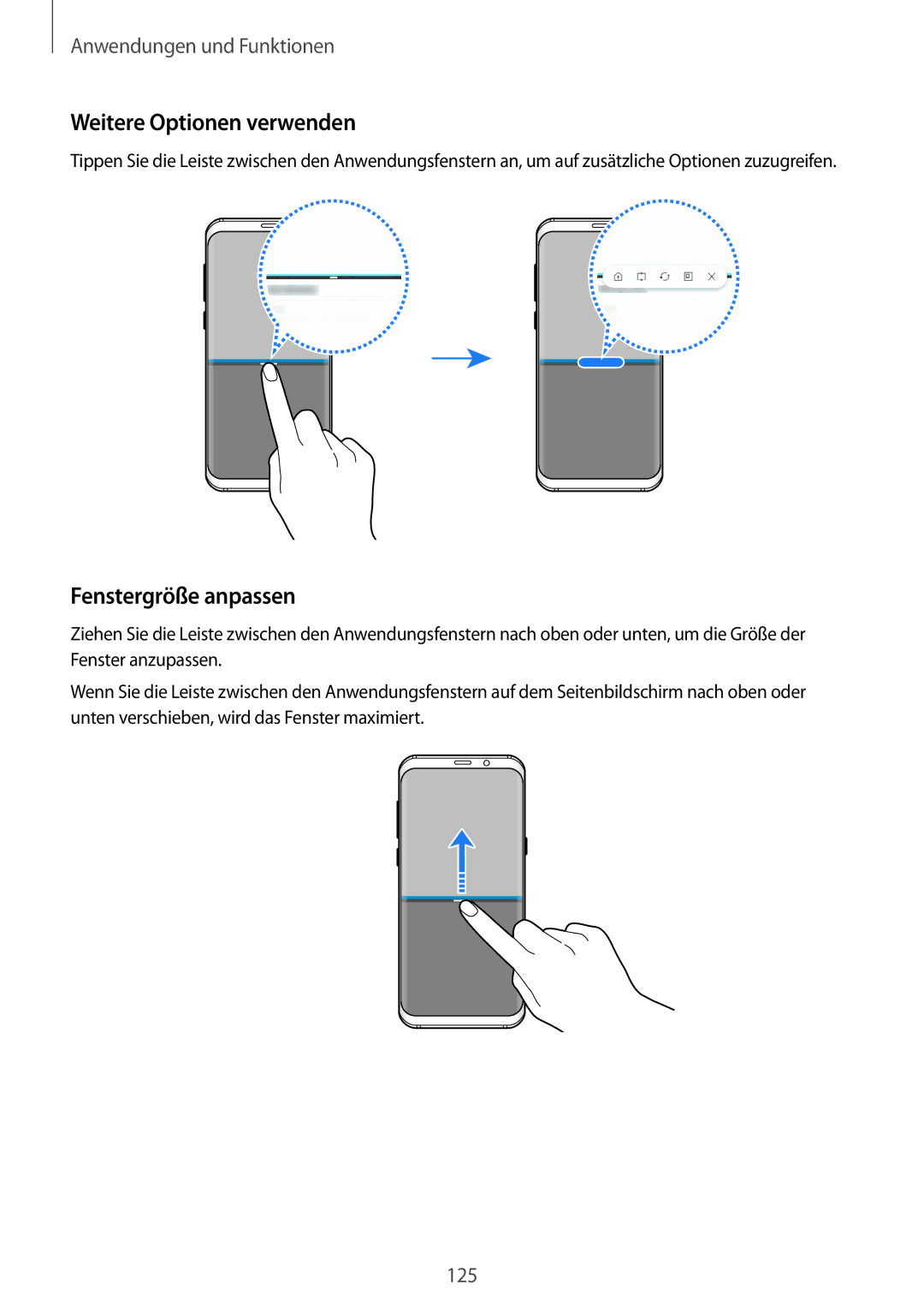 Samsung SM-G950FZSADBT, SM-G950FZIADBT, SM-G955FZSADBT, SM-G955FZKADBT Weitere Optionen verwenden, Fenstergröße anpassen 