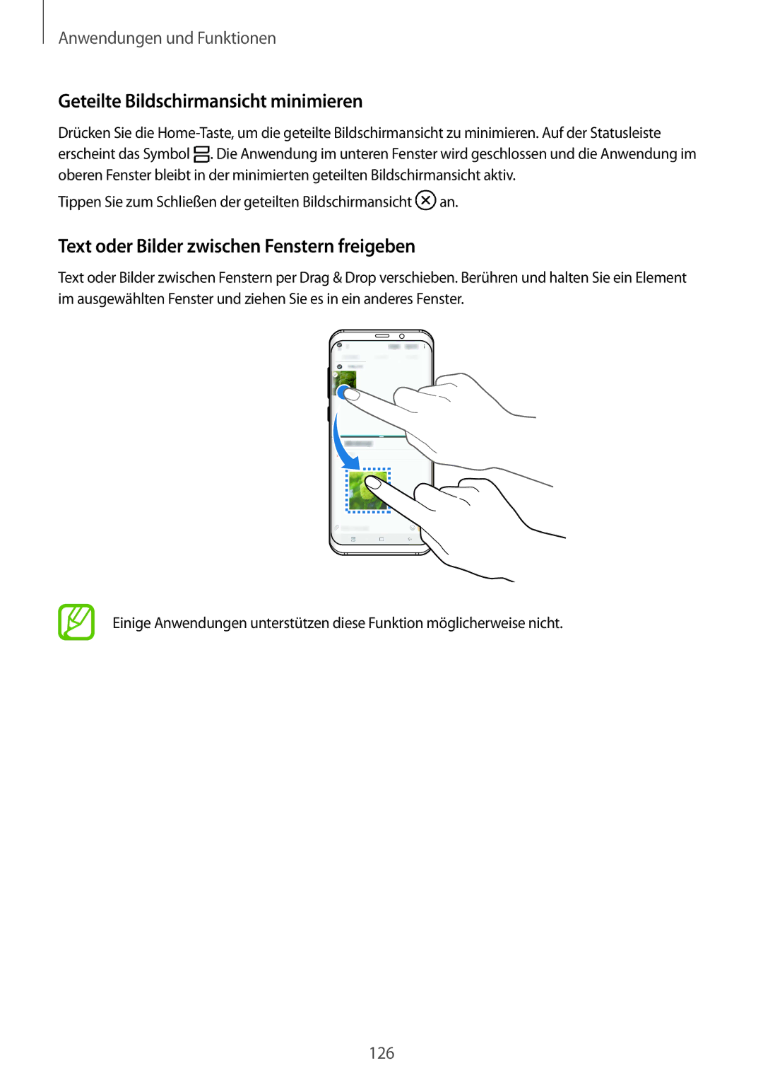 Samsung SM-G950FZIADBT, SM-G955FZSADBT Geteilte Bildschirmansicht minimieren, Text oder Bilder zwischen Fenstern freigeben 