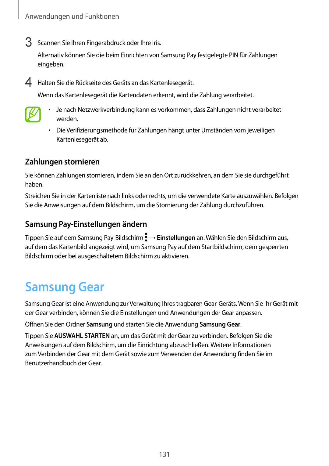 Samsung SM-G950FZBADBT, SM-G950FZIADBT, SM-G955FZSADBT Samsung Gear, Zahlungen stornieren, Samsung Pay-Einstellungen ändern 