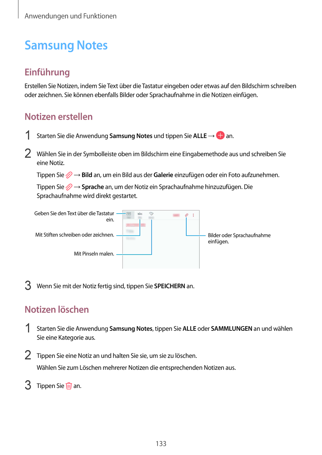 Samsung SM-G950FZKADBT, SM-G950FZIADBT manual Samsung Notes, Notizen erstellen, Notizen löschen, Sie eine Kategorie aus 