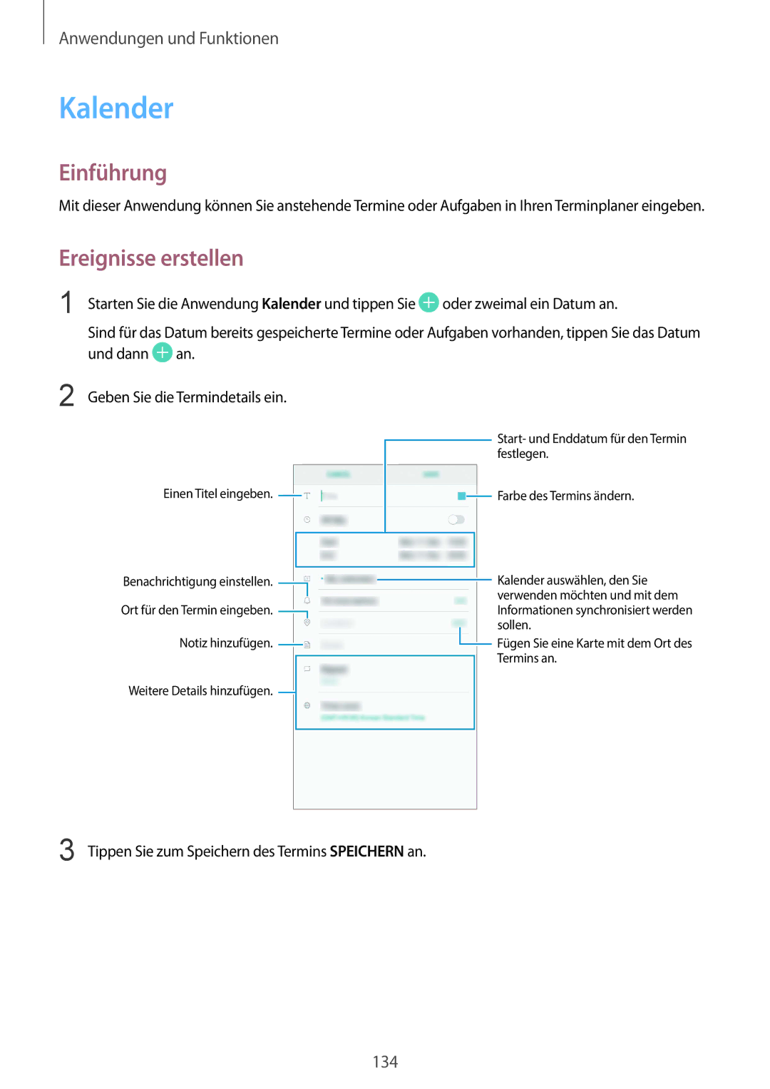 Samsung SM-G950FZSADBT, SM-G950FZIADBT Kalender, Ereignisse erstellen, Tippen Sie zum Speichern des Termins Speichern an 