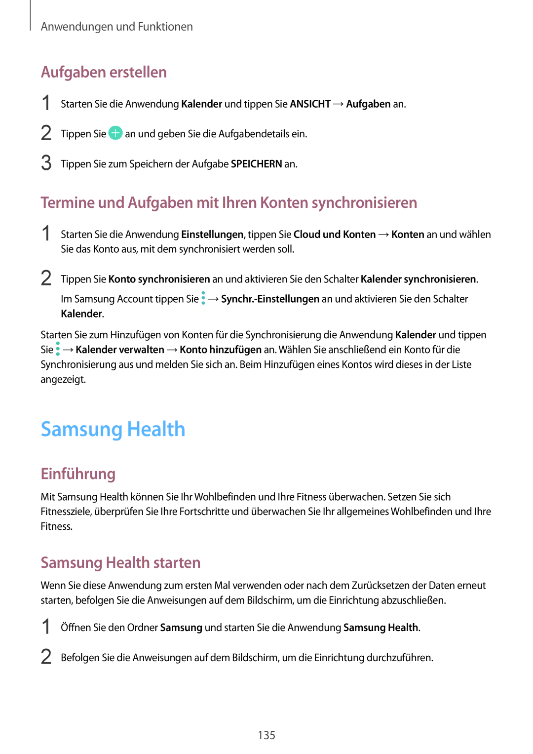 Samsung SM-G950FZIADBT manual Samsung Health, Aufgaben erstellen, Termine und Aufgaben mit Ihren Konten synchronisieren 