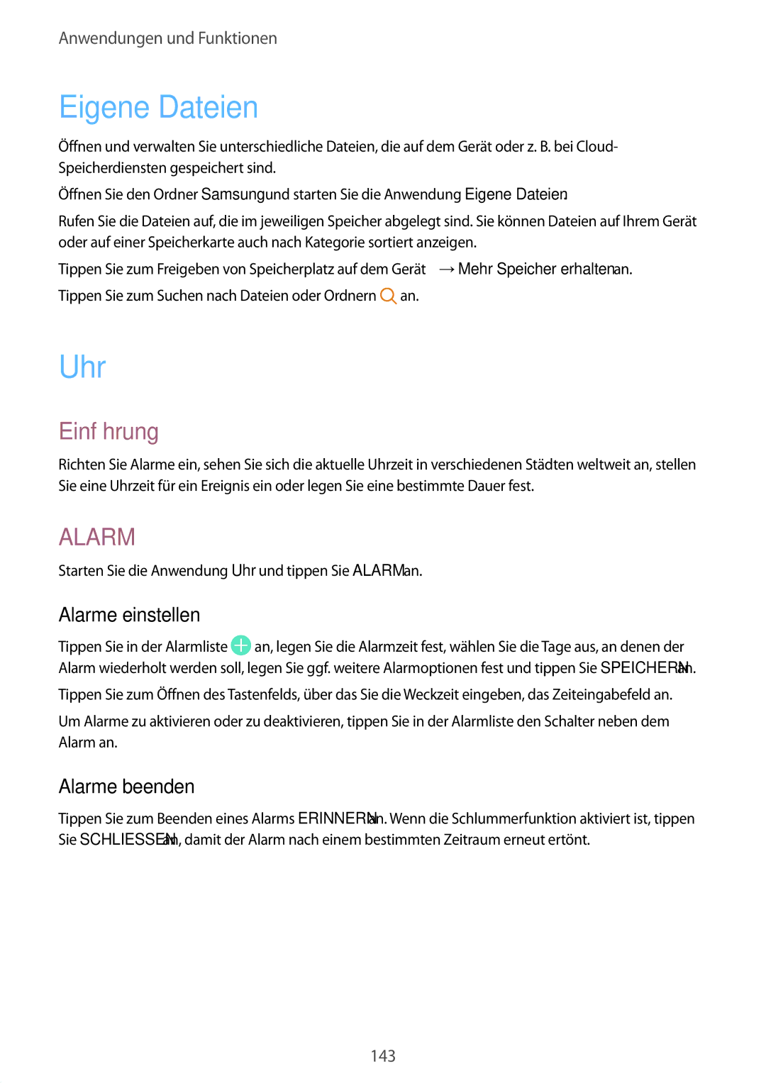 Samsung SM-G950FZSADBT, SM-G950FZIADBT, SM-G955FZSADBT manual Eigene Dateien, Uhr, Alarme einstellen, Alarme beenden 